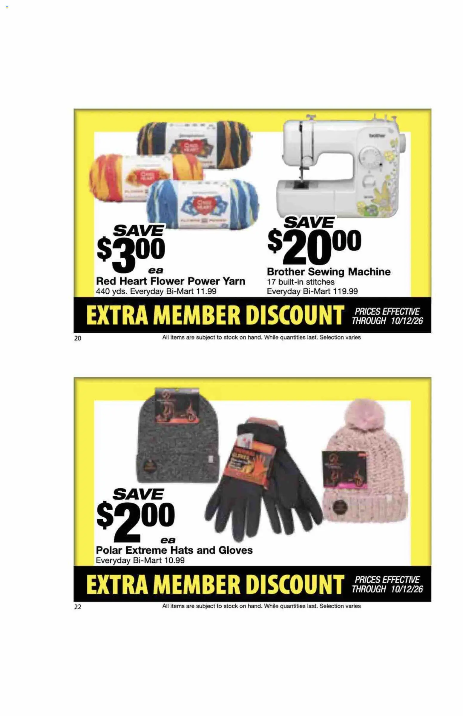 Bi-Mart Extra Member Discount Book - valid from 09/28/2026 | Page: 12 | Products: Sewing machine, Yarn, Gloves