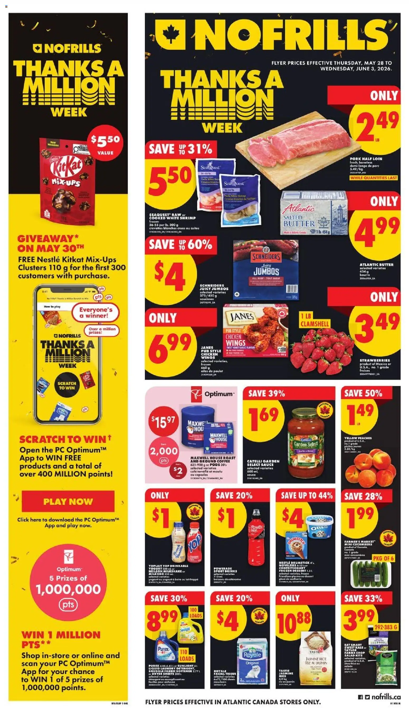 No Frills flyer valid from 28.05.2026 | Page: 1 | Products: Detergent, Butter, Yogurt, Chicken