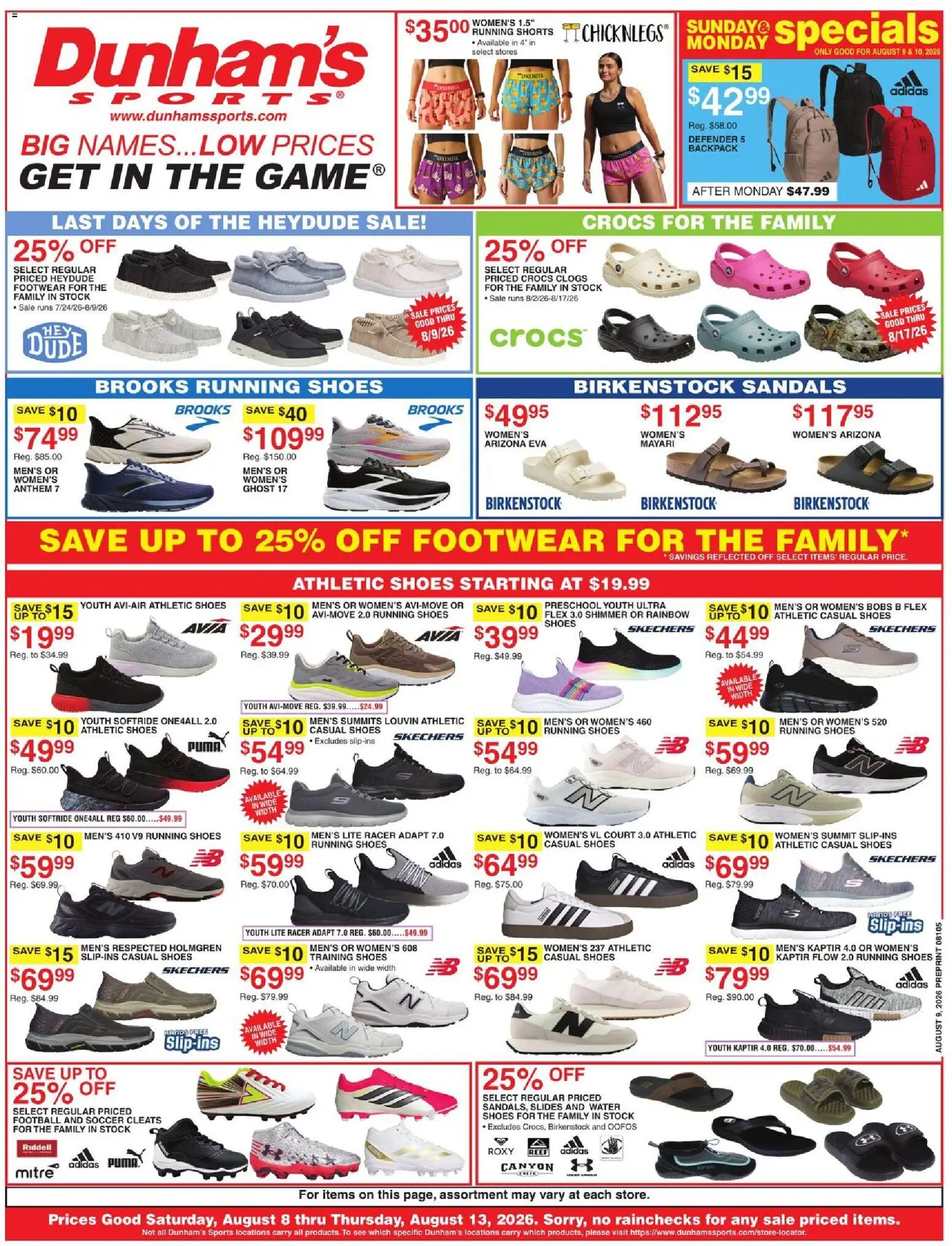 Dunham's Sports Weekly Ad - valid from 08/07/2026 | Page: 1 | Products: Shorts, Water, Sandals, Backpack