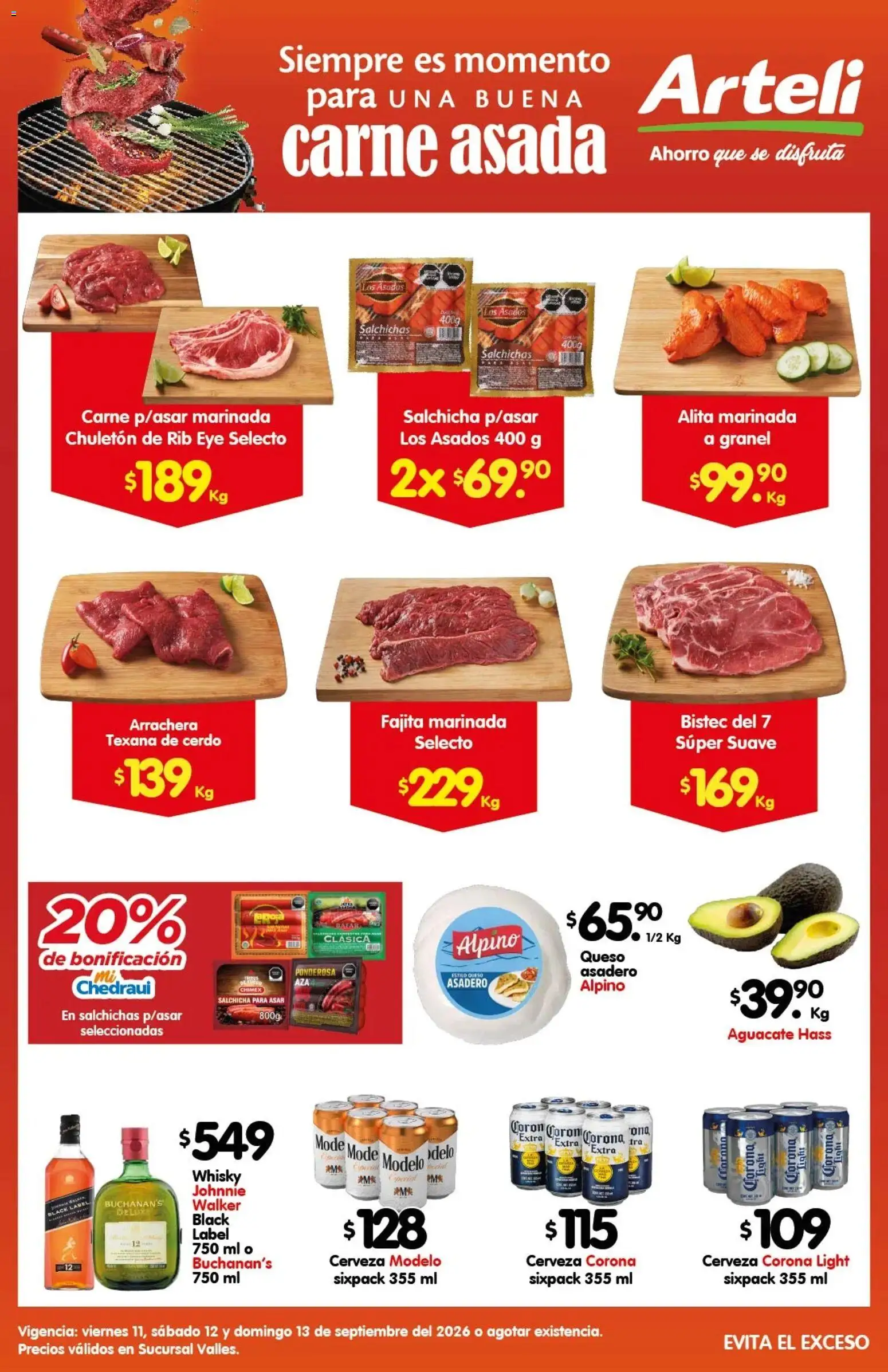 Nuevas ofertas de Arteli válidas en toda la República Mexicana desde el 11/09/2026. ¡Encuentra las mejores ofertas en Arteli folleto Carnita Asada Valles! | Página: 1 | Productos: Salchicha, Cerveza Corona, Salchichas, Whisky