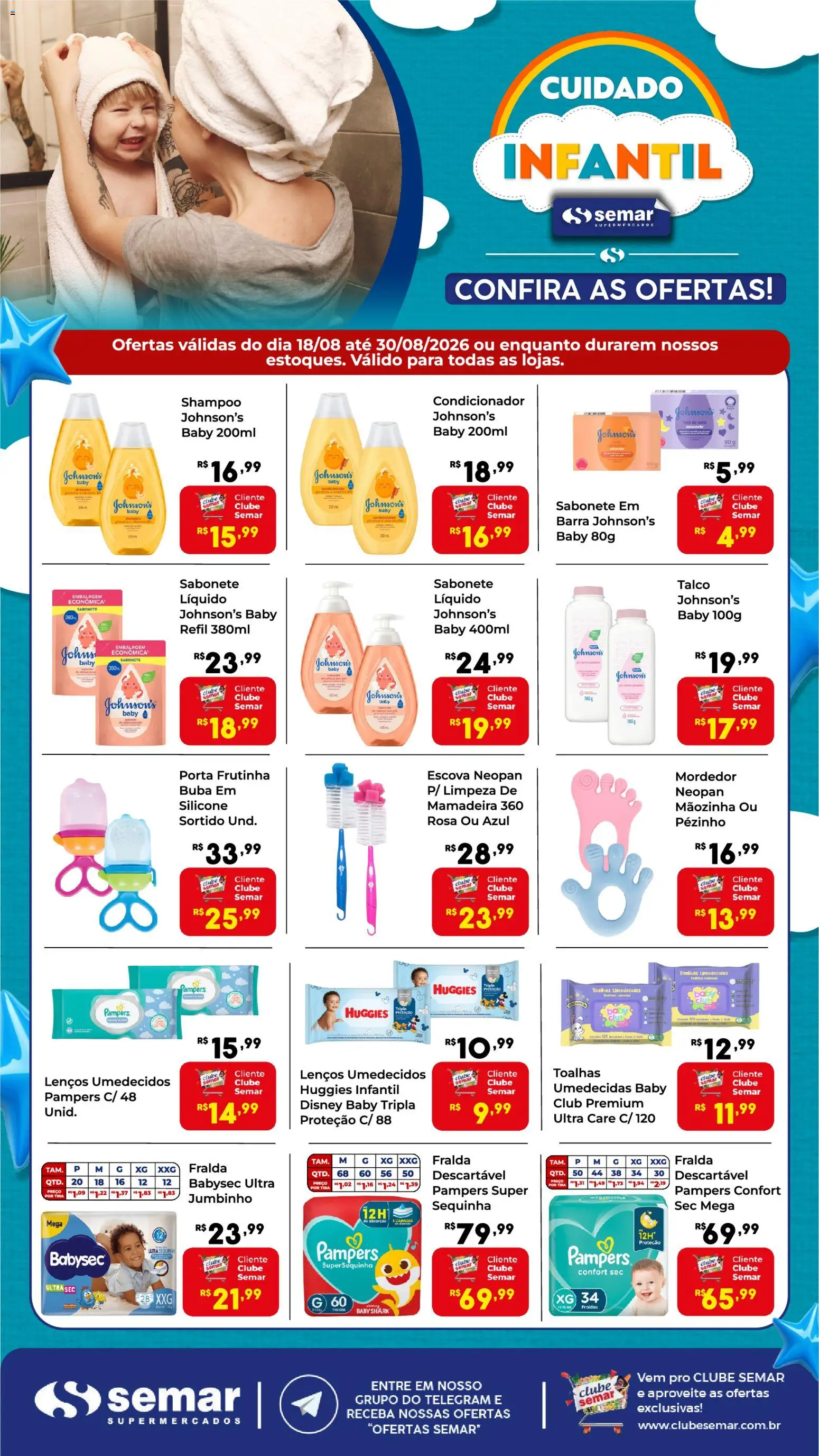 Semar Supermercado Folheto - válido de 18/08/2026 | Página: 1 | Produtos: Pampers, Escova, Mamadeira, Fraldas