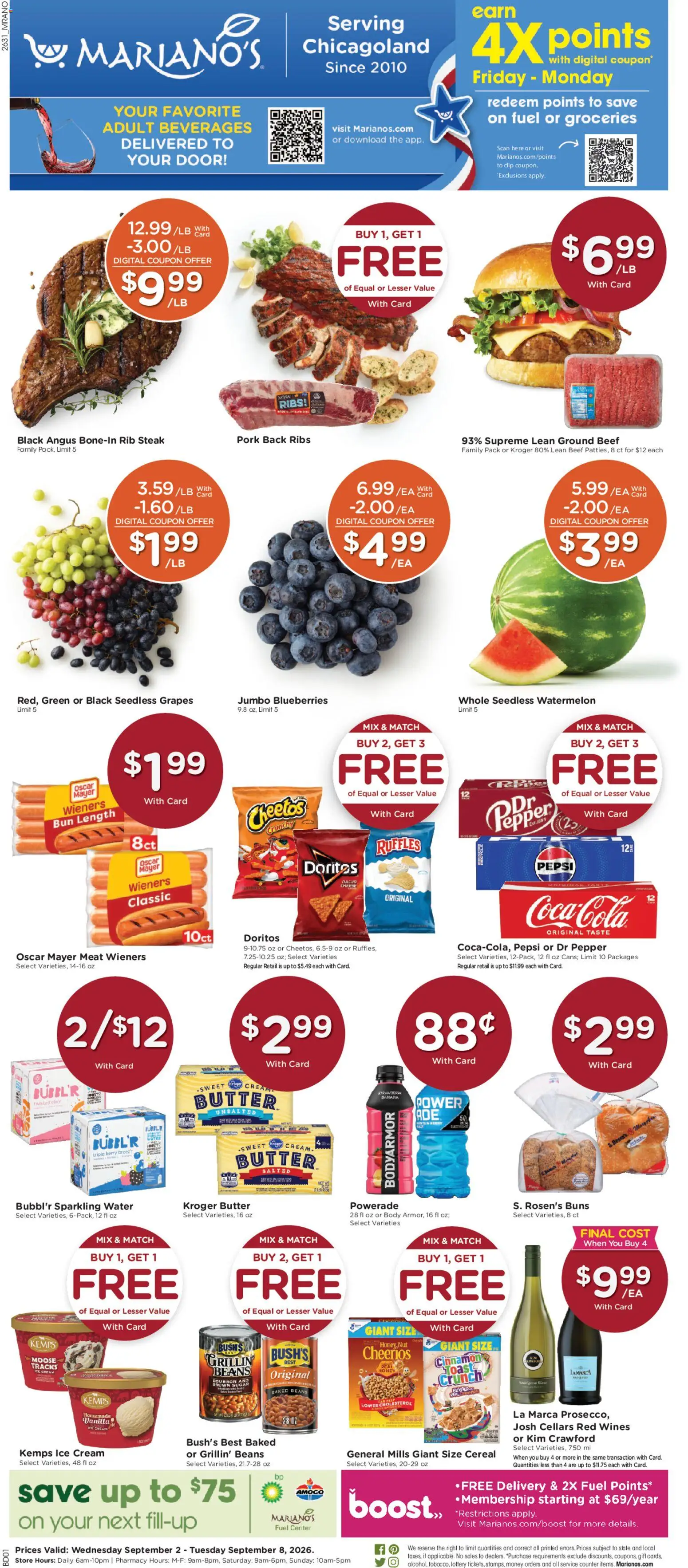 Mariano's Weekly Ad - valid from 09/02/2026 | Page: 1 | Products: Beverages, Prosecco, Ice cream, Beans