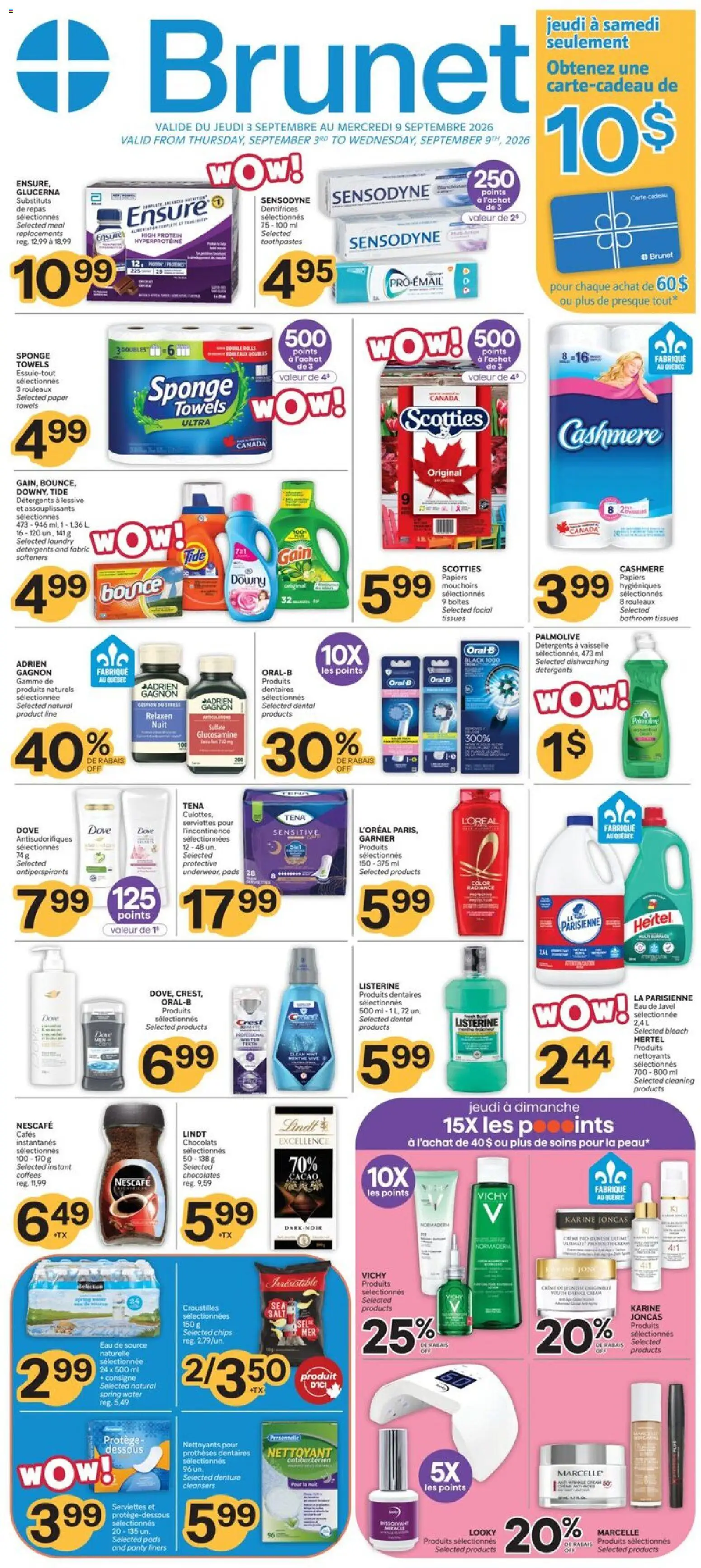 Brunet flyer valid from Sep 3, 2026 | Page: 1 | Products: Lindt, Sponge, Meat, Spring water