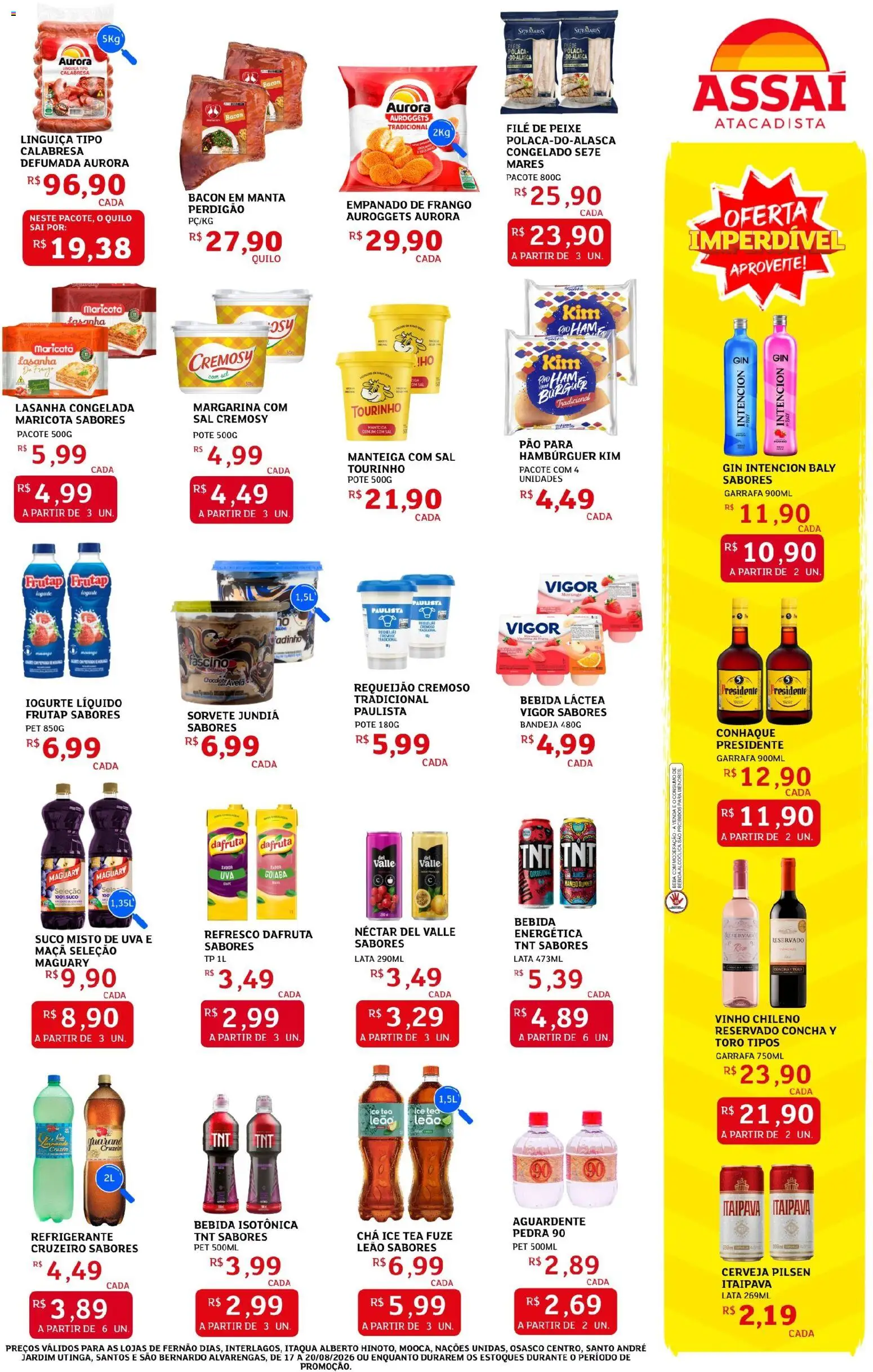 Assaí Atacadista Folheto - válido de 17/08/2026 | Página: 3 | Produtos: Conhaque, Linguiça, Filé de peixe, Hambúrguer
