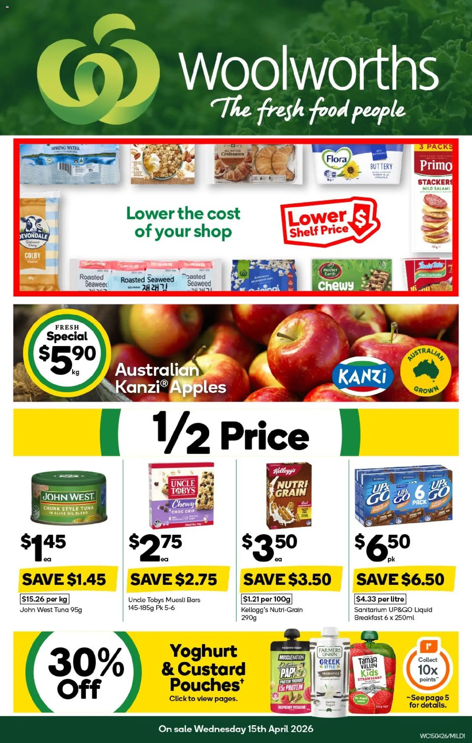 Woolworths catalogue - valid from 15.04.2026 | Page: 1 | Products: Cheese, Yoghurt, Apples, Olive oil
