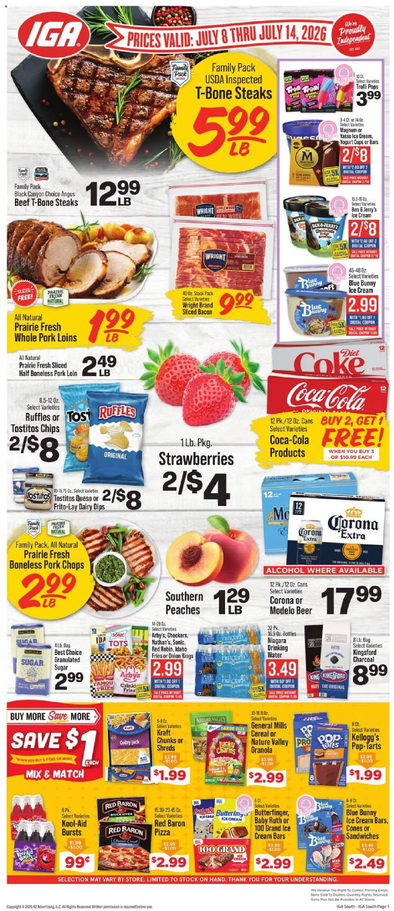 IGA Weekly Ad - valid from 07/08/2026 | Page: 1 | Products: Chocolate, Strawberries, Chips, Sugar