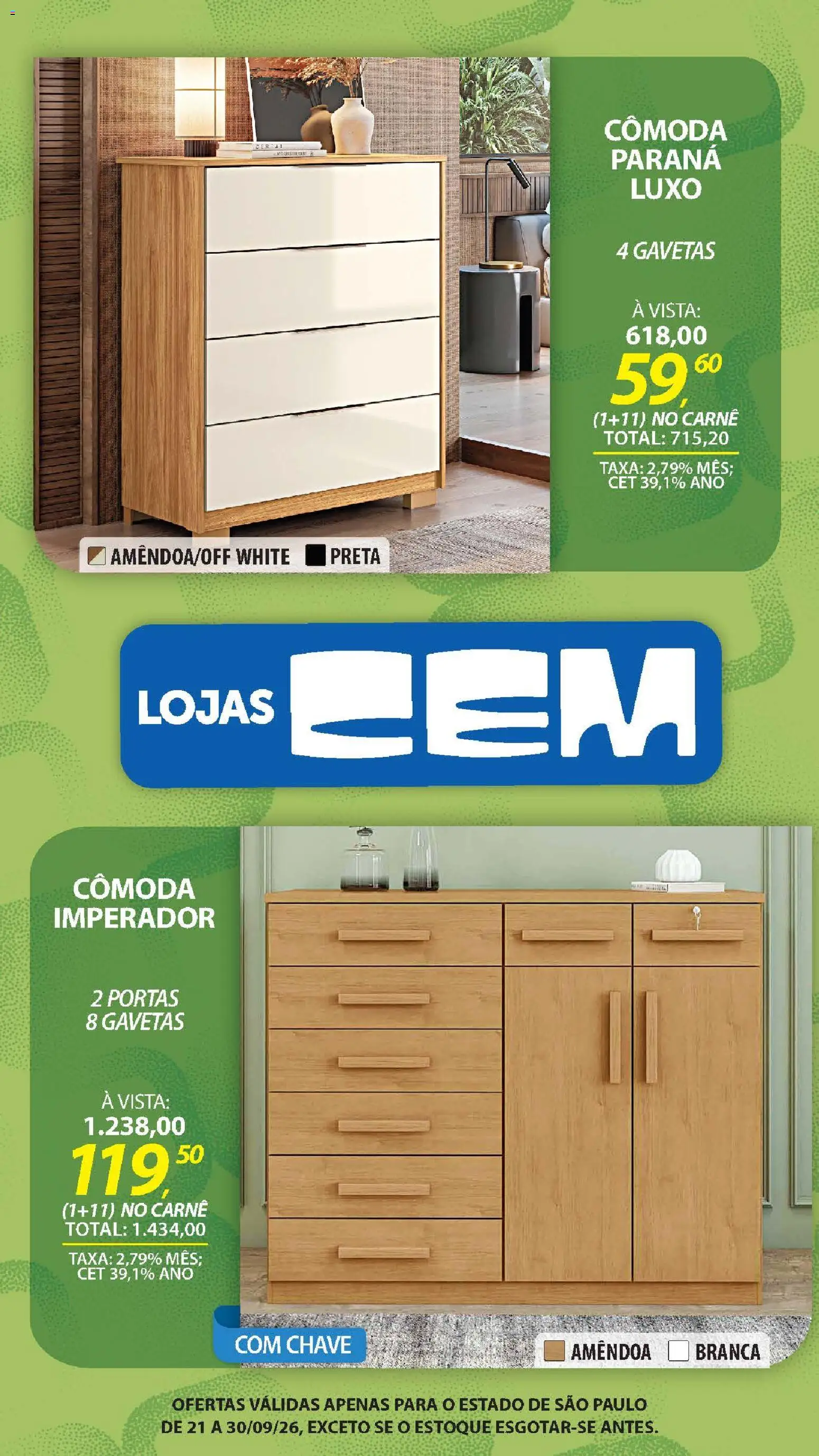 Lojas Cem Folheto - válido de 21/09/2026 | Página: 27 | Produtos: Portas, Cômoda, Carne