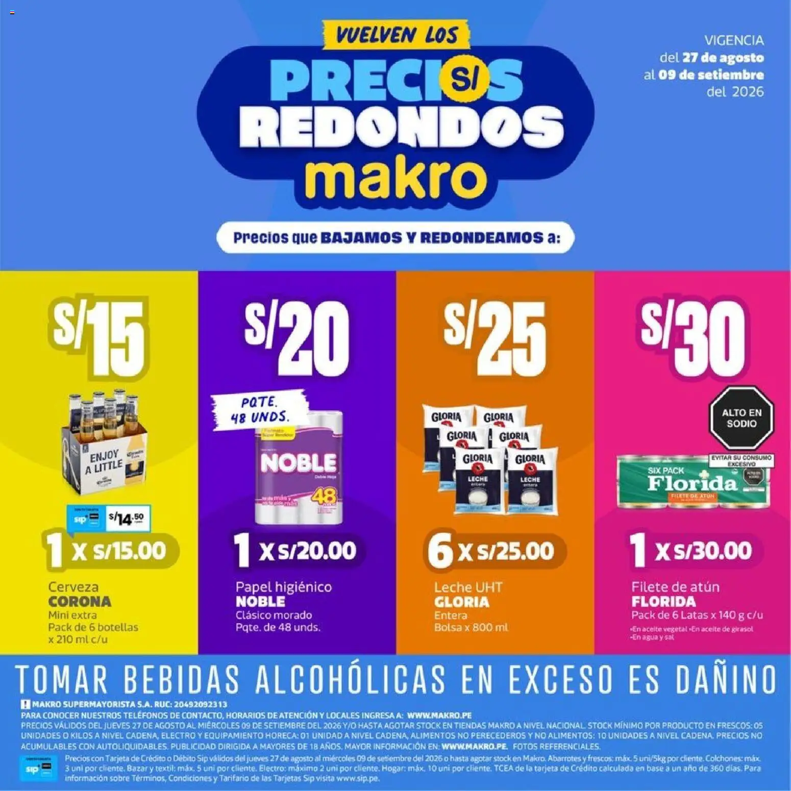 Catálogo Makro válido desde 27/08/2026 | Página: 1 | Productos: Atún, Bebidas, Leche, Filete