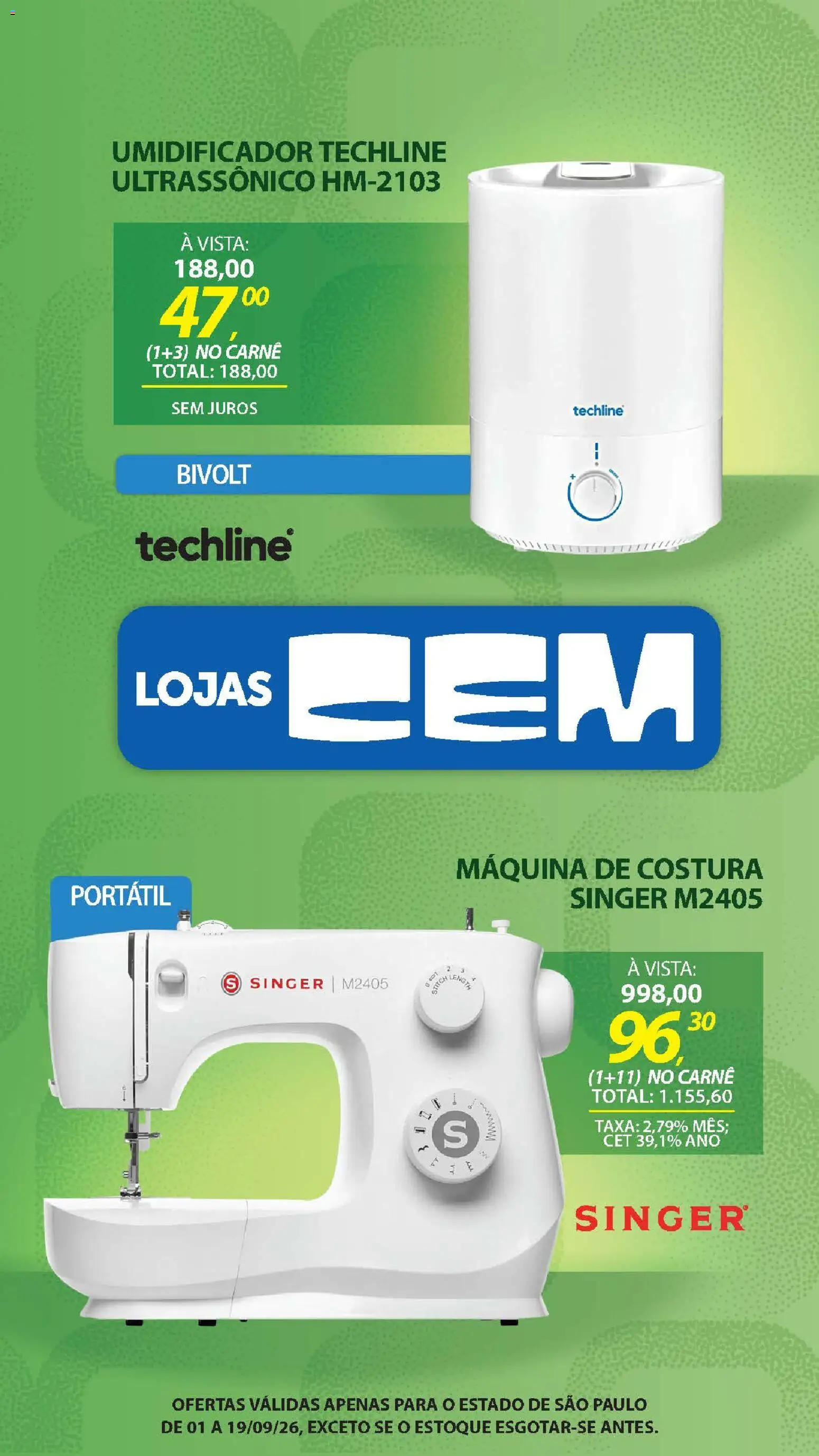 Lojas Cem Folheto - válido de 01/09/2026 | Página: 115 | Produtos: Máquina de costura, Carne, Umidificador