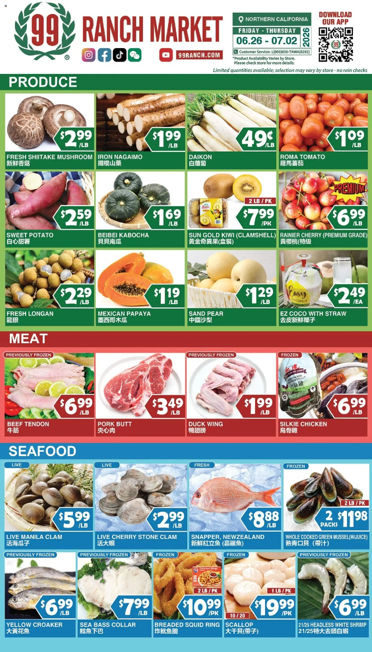 99 Ranch Market Perishables - valid from 06/26/2026 | Page: 1 | Products: Beef, Kiwi, Pear, Iron