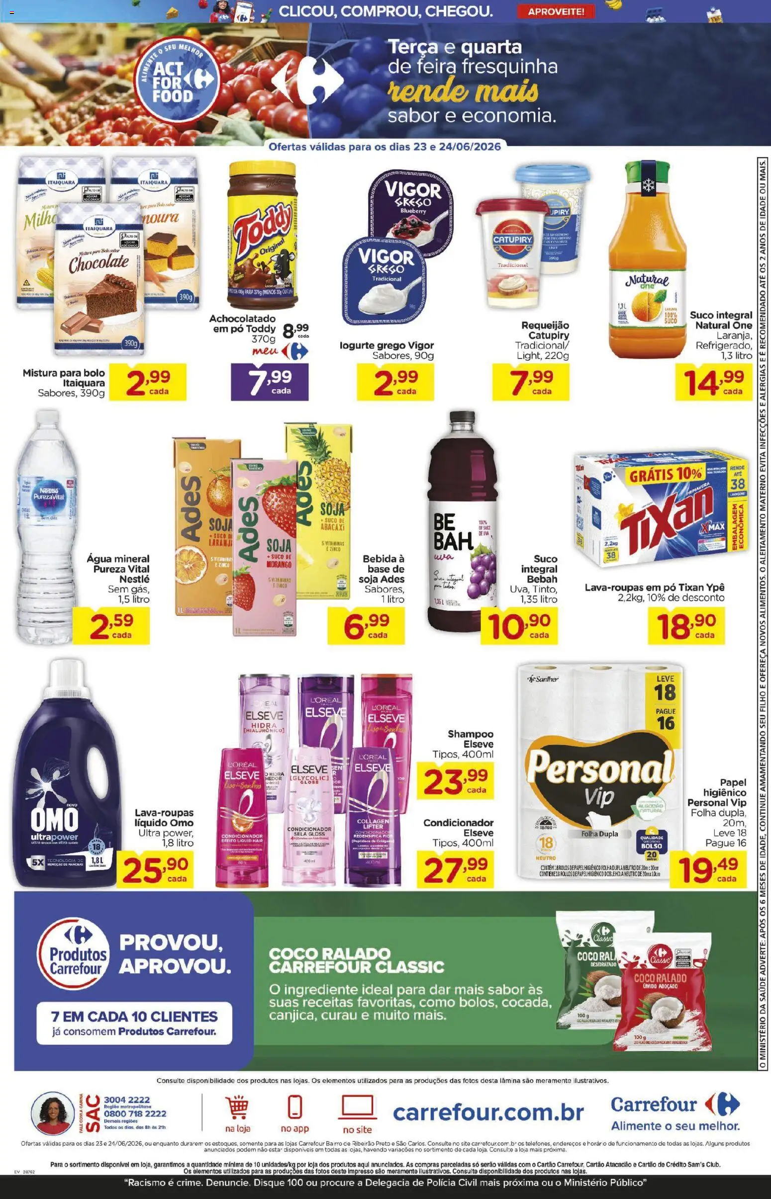 Carrefour Bairro Folheto - válido de 23/06/2026 | Página: 3 | Produtos: Coco, Suco, Água mineral, Requeijão