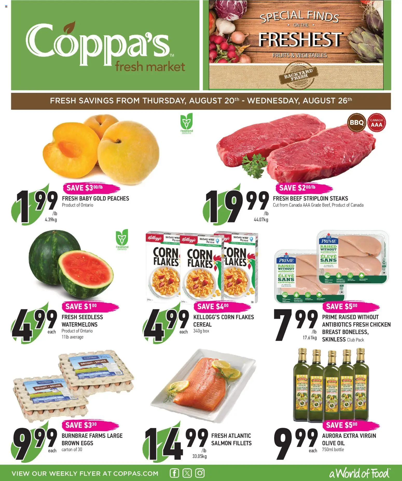 Coppas Fresh Market flyer valid from Aug 20, 2026 | Page: 1 | Products: Flakes, Corn flakes, Box, Chicken