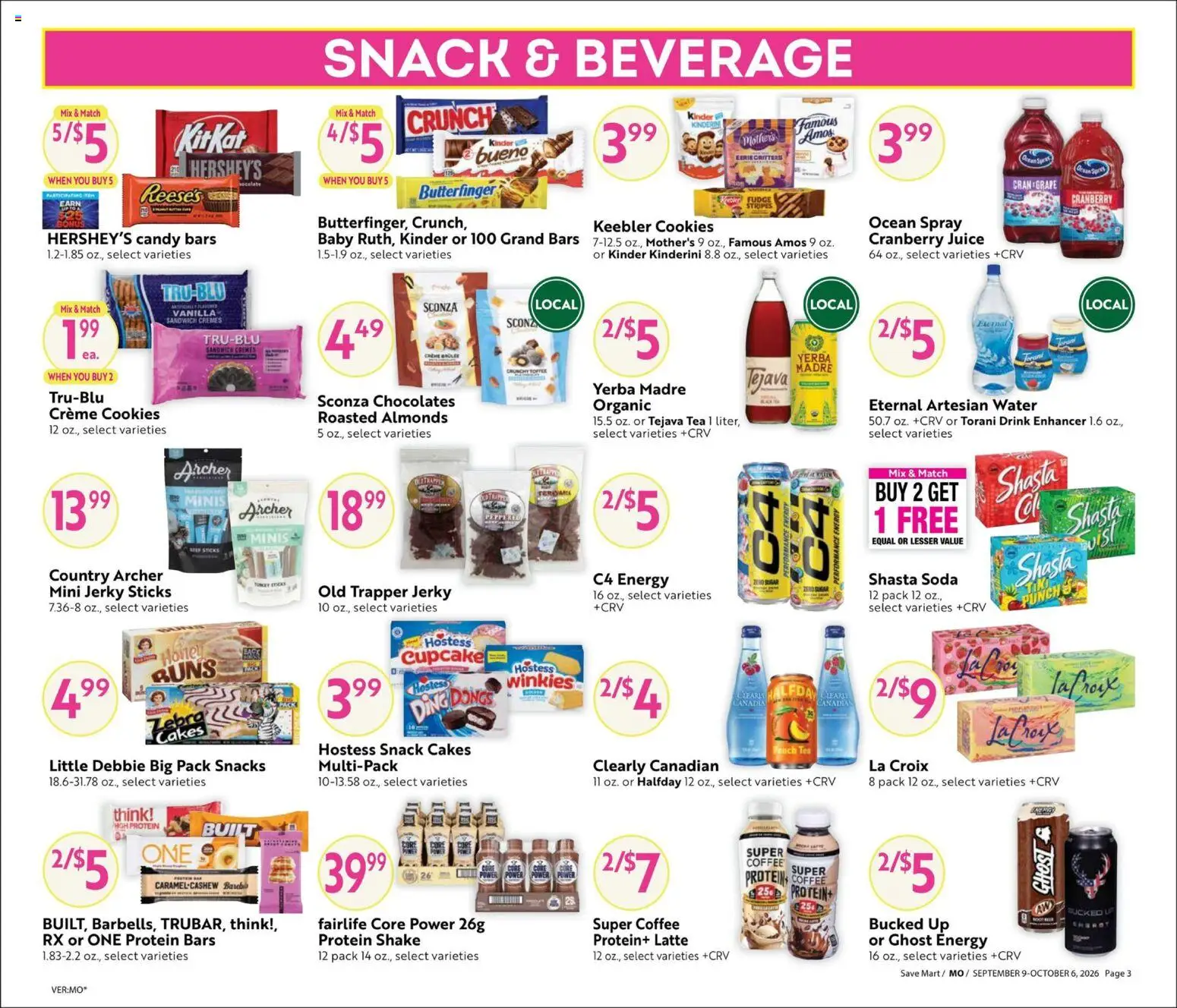 Save Mart Online Savings Guide - valid from 09/09/2026 | Page: 3 | Products: Juice, Beer, Cookies, Snacks