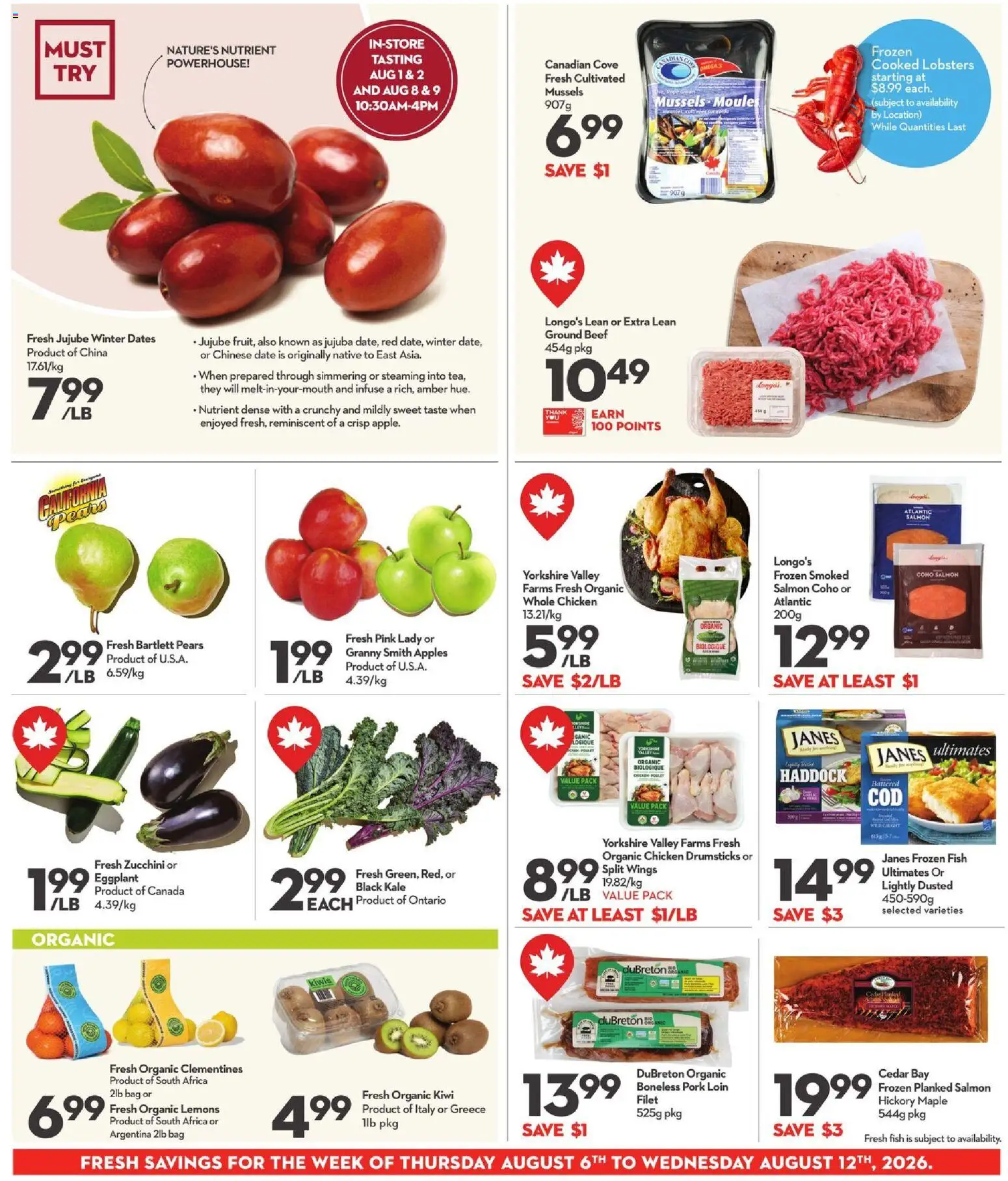 Longo's flyer valid from Aug 6, 2026 | Page: 5 | Products: Kiwi, Bag, Pork, Apples