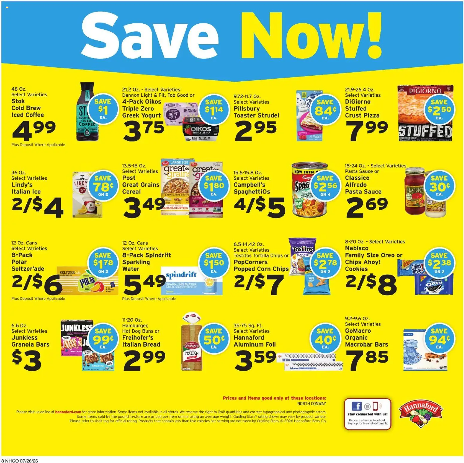 Hannaford Weekly Ad - valid from 07/26/2026 | Page: 8 | Products: Yogurt, Pasta, Cookies, Fan