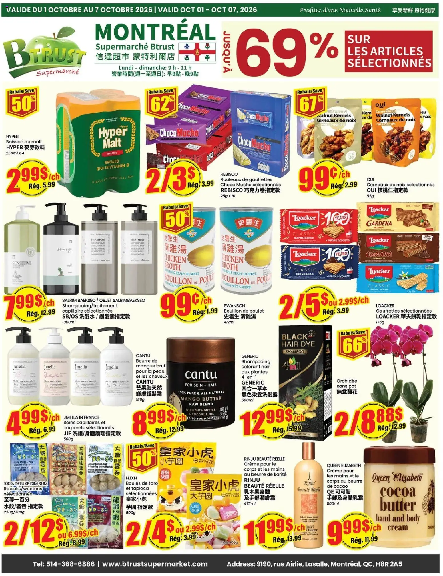 Btrust Supermarket flyer valid from Oct 1, 2026 | Page: 1 | Products: Hair dye, Broth, Shea butter, Chicken