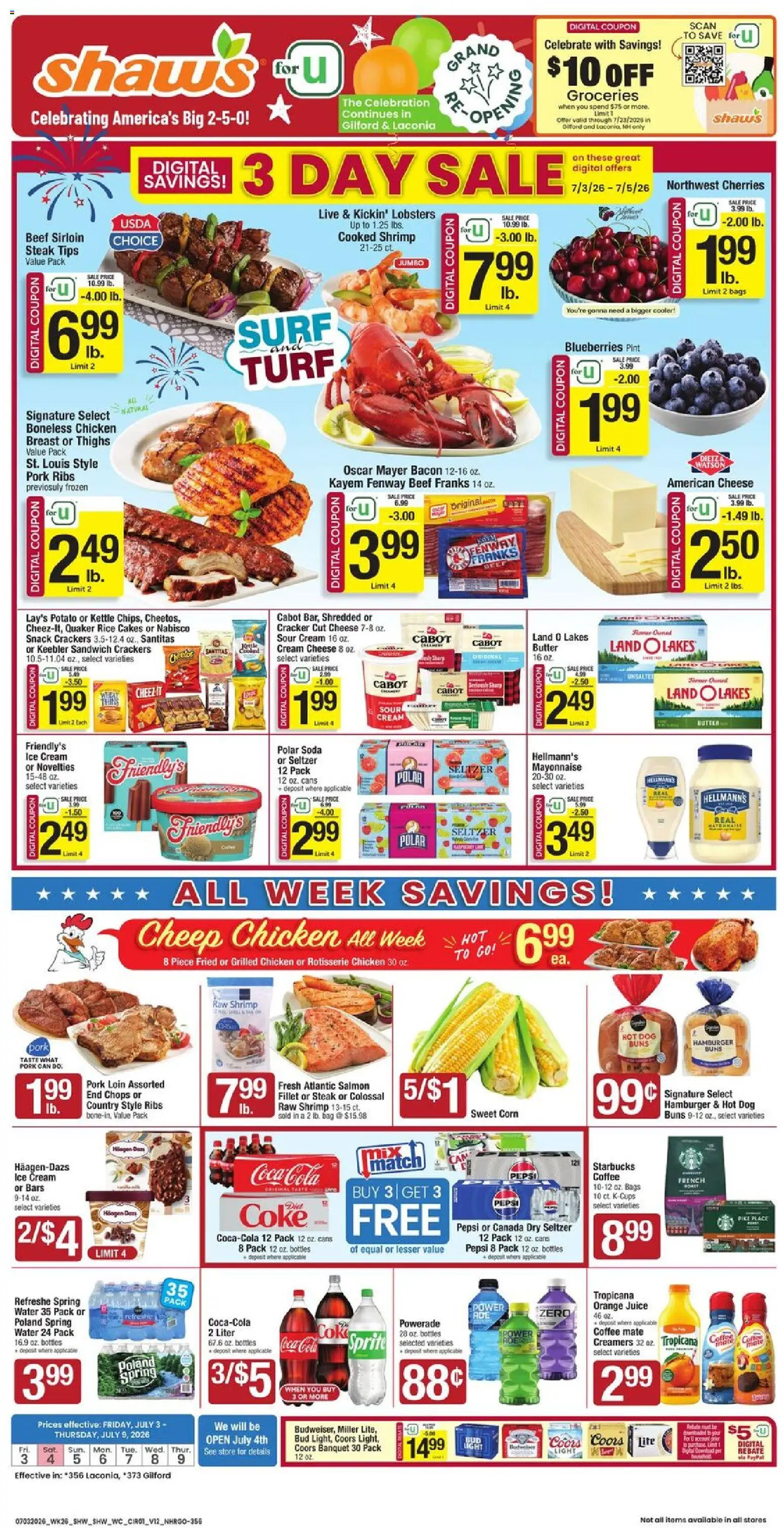 Shaw's Weekly Ad - NH - valid from 07/03/2026 | Page: 1 | Products: Cherries, Butter, Pork, Sour cream