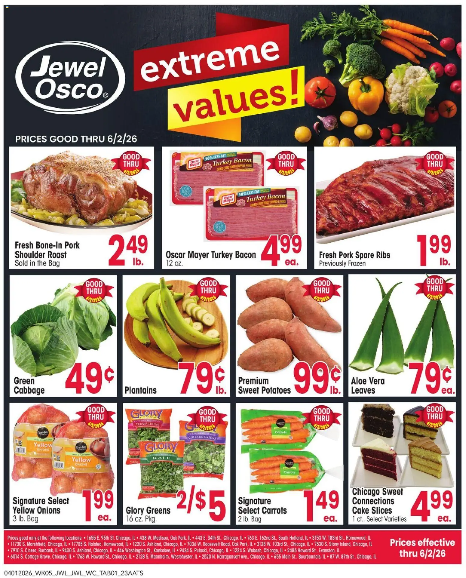 Jewel Osco Ad - valid from 01.04.2026 | Page: 1 | Products: Kale, Pork, Potatoes, Bag