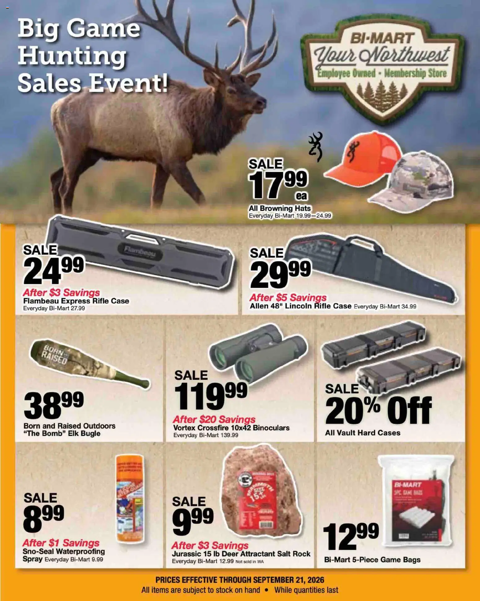 Bi-Mart Big Game Hunting Flyer - valid from 09/08/2026 | Page: 1 | Products: Salt, Game, Case, Rifle