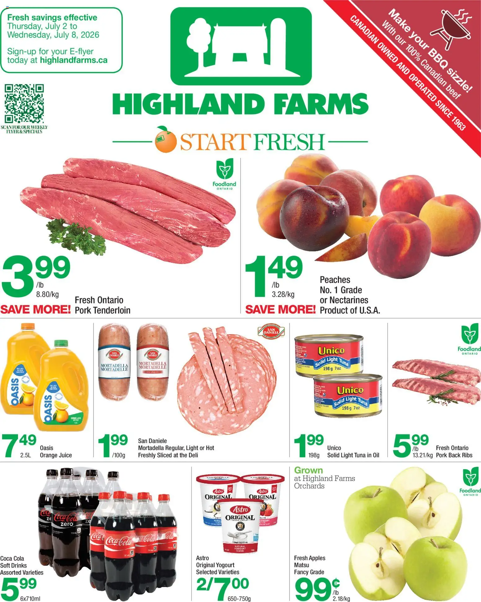 Highland Farms flyer valid from Jul 2, 2026 | Page: 1 | Products: Beef, Juice, Pork, Apples