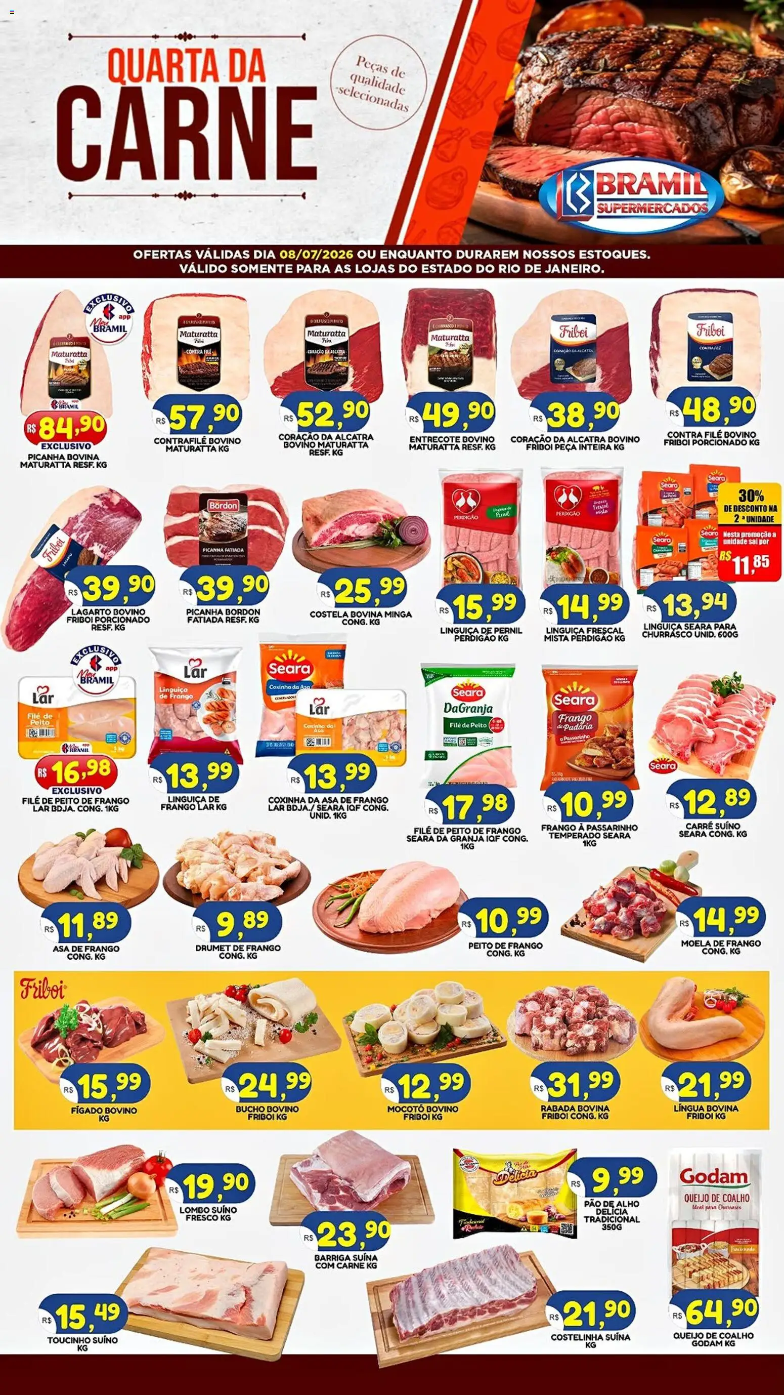 Bramil Supermercados Folheto - válido de 08/07/2026 | Página: 1 | Produtos: Linguiça, Queijo, Frango, Peito de frango