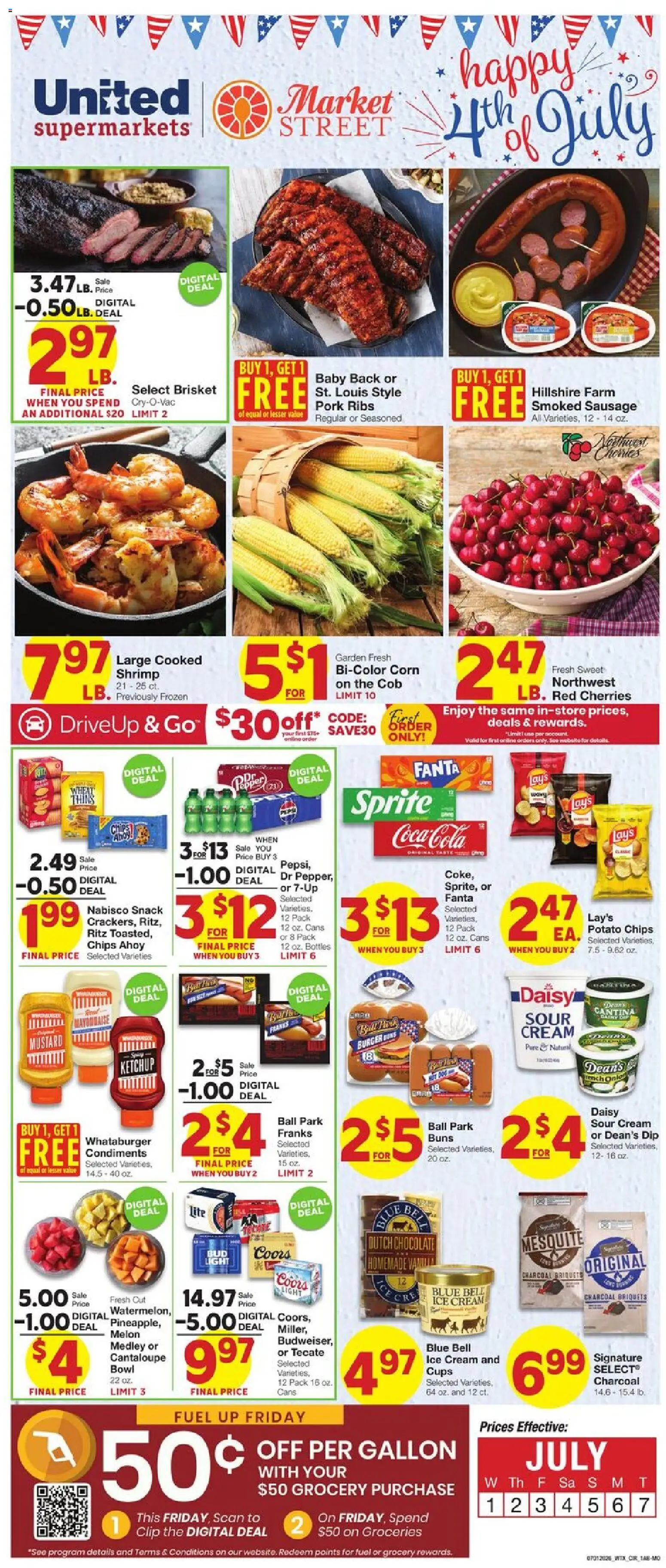 United Supermarkets Weekly Ad - valid from 07/01/2026 | Page: 1 | Products: Corn, Clip, Cream, Sausage