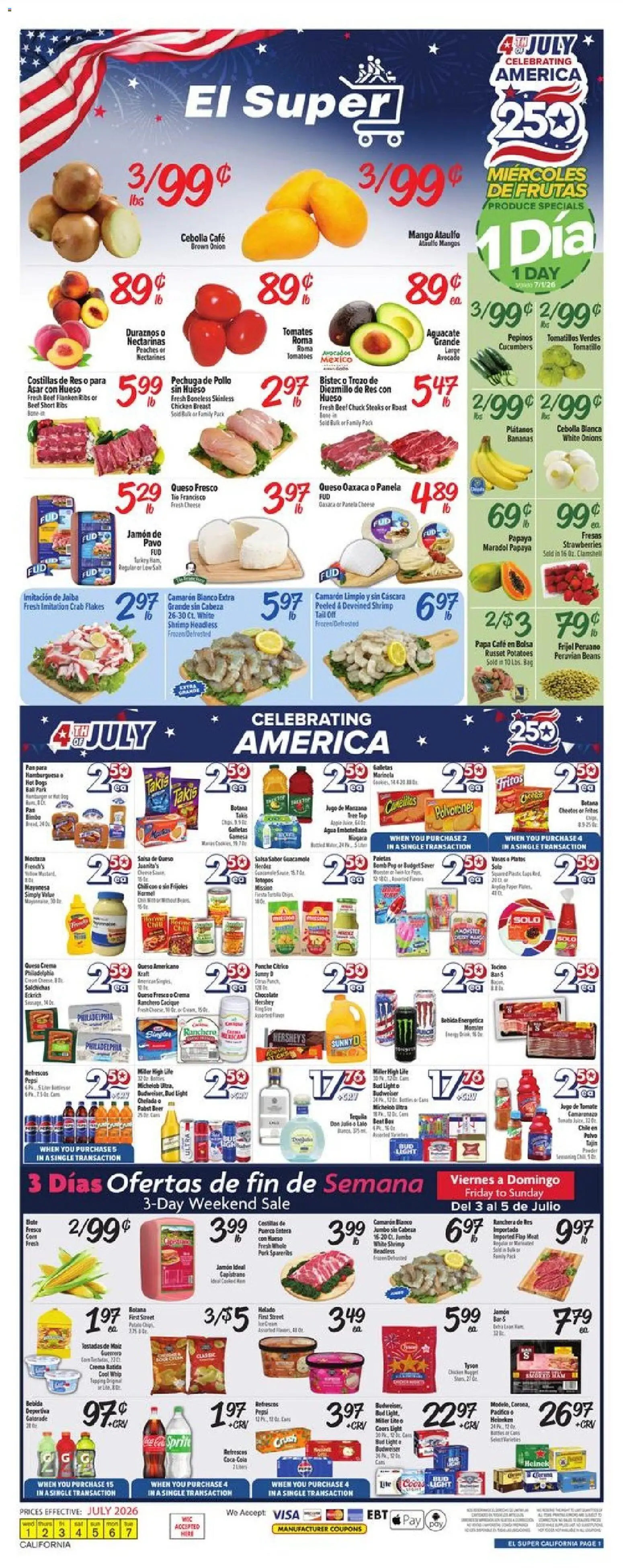 El Super Weekly Ad - CA - valid from 07/01/2026 | Page: 1 | Products: Bed, Peaches, Strawberries, Mango