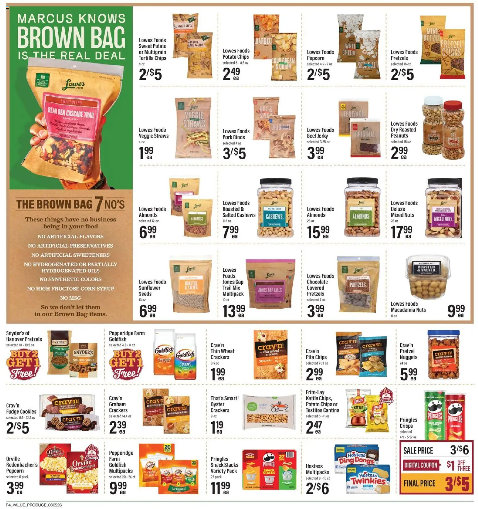Lowes Foods Weekly Ad - NC - valid from 08/05/2026 | Page: 6 | Products: Almonds, Syrup, Chips, Nuts