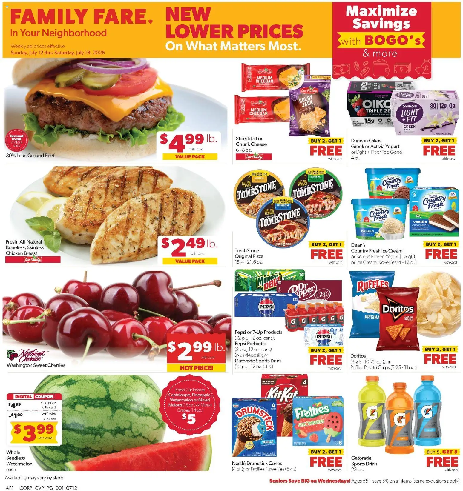 Family Fare Weekly Ad - valid from 07/12/2026 | Page: 1 | Products: Cherries, Cheese, Yogurt, Pizza