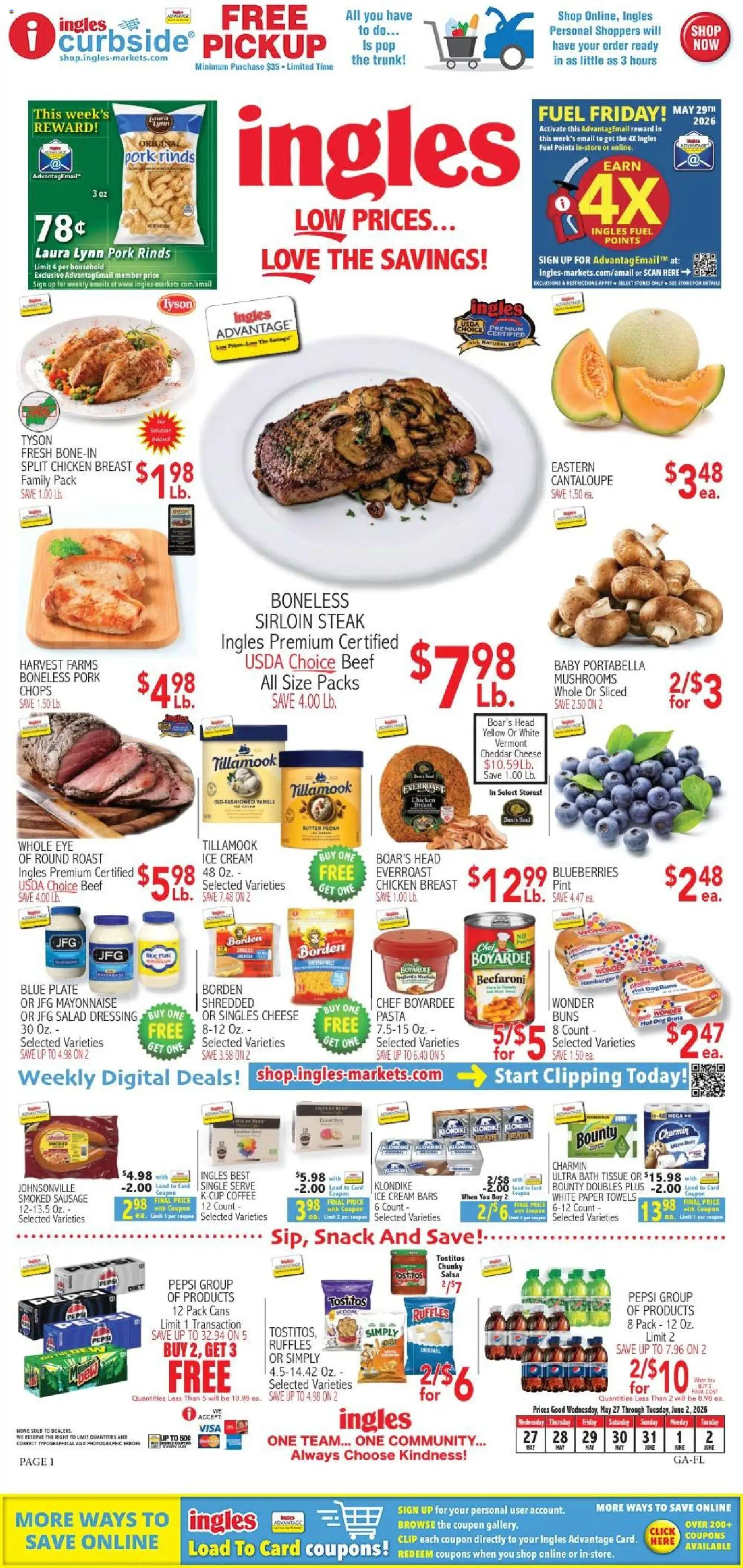 Ingles Weekly Ad - valid from 27.05.2026 | Page: 1 | Products: Clip, Coffee, Pork, Mayonnaise