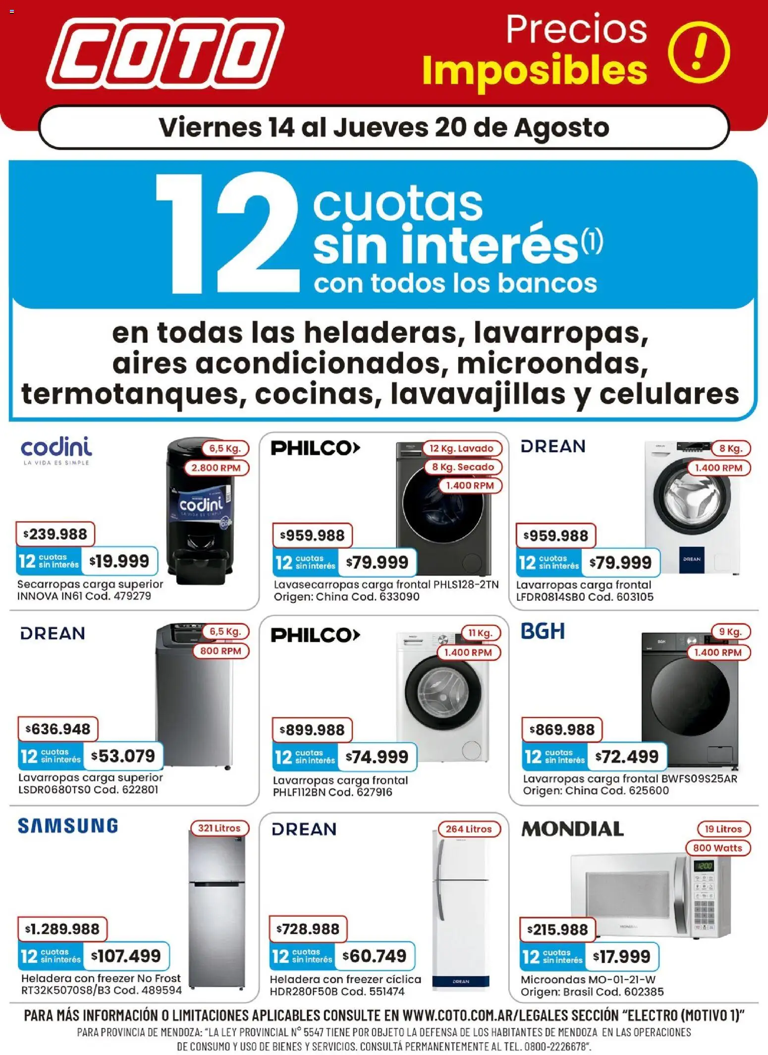 Coto - Electro Motivo │ válido desde el 14/08/2026 | Página: 1 | Productos: Heladera con freezer, Secarropas, Lavarropas, Microondas