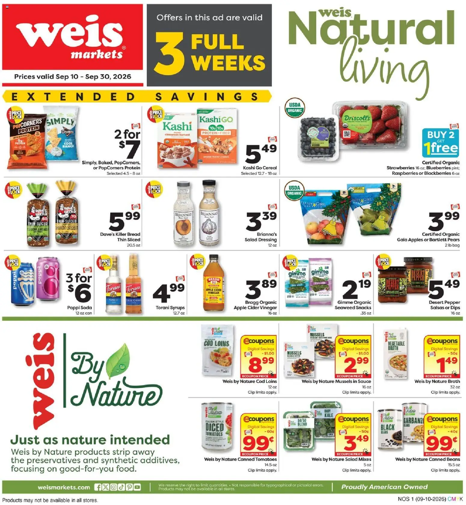 Weis Monthly Ad - valid from 09/10/2026 | Page: 1 | Products: Vinegar, Raspberries, Bread, Dressing