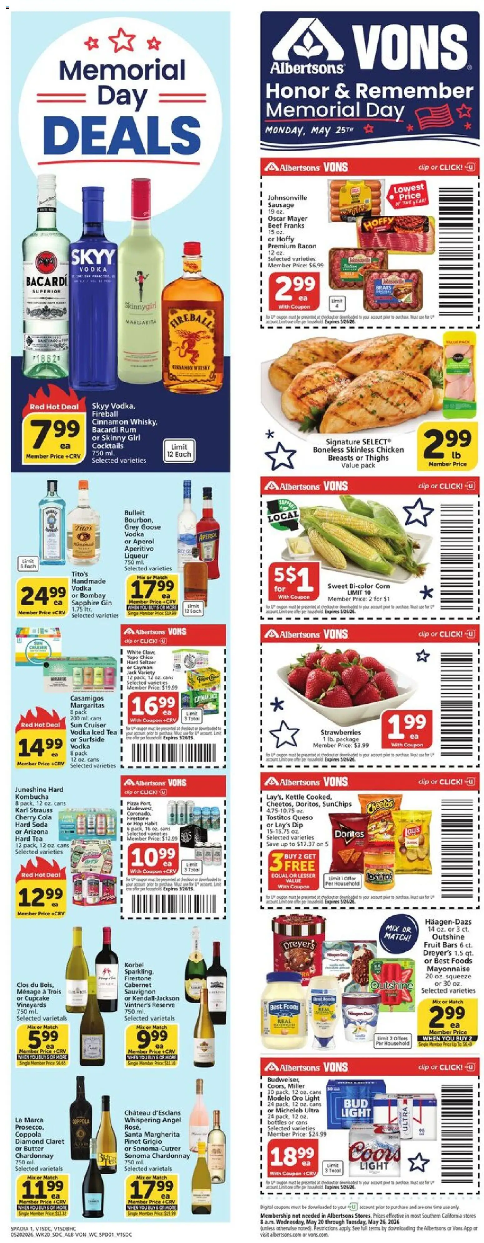 Vons Weekly Ad - valid from 20.05.2026 | Page: 2 | Products: Corn, Pizza, Sausage, Cupcake
