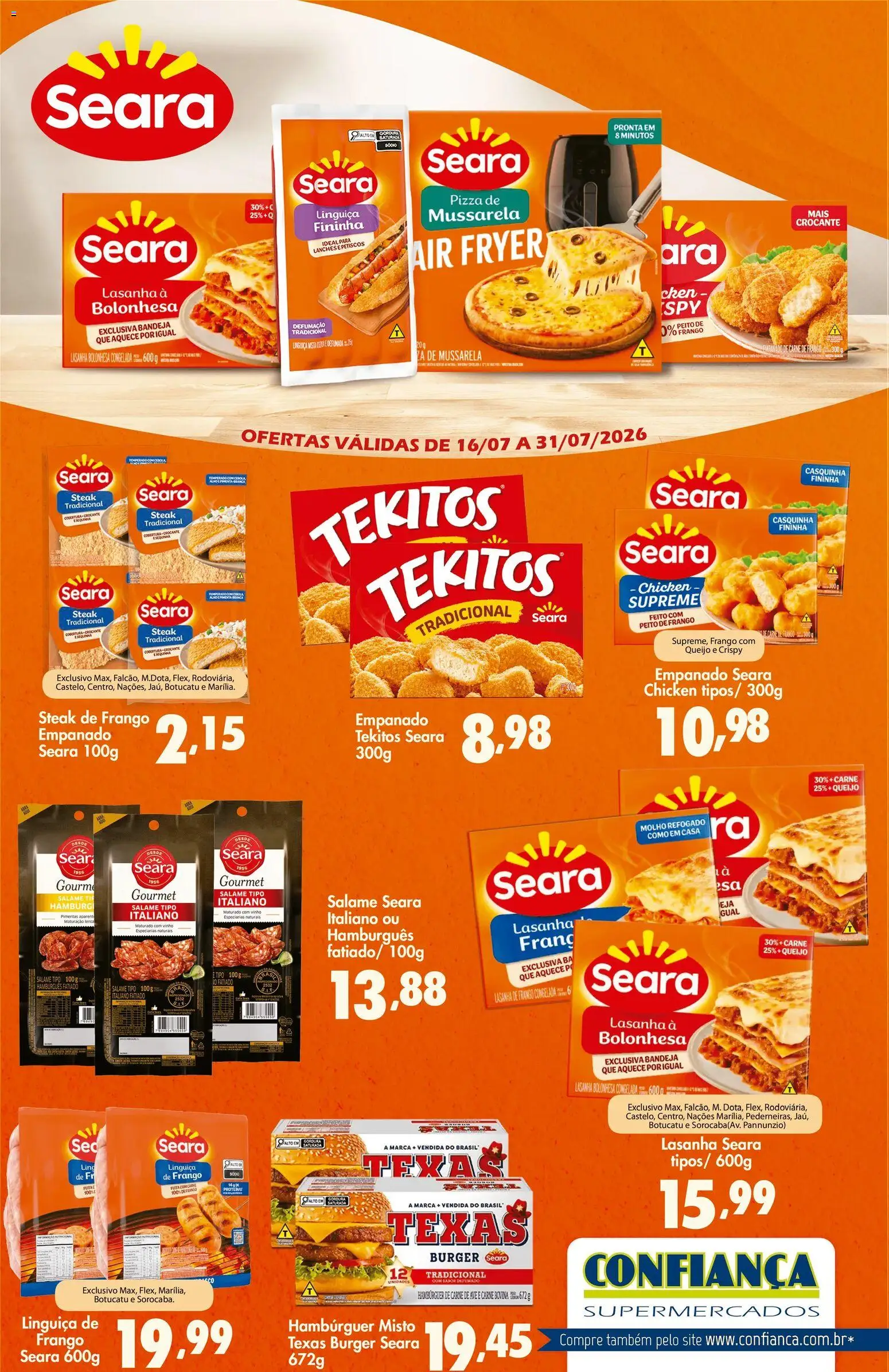 Confiança Folheto - válido de 16/07/2026 | Página: 1 | Produtos: Salame, Pizza, Hambúrguer, Lasanha