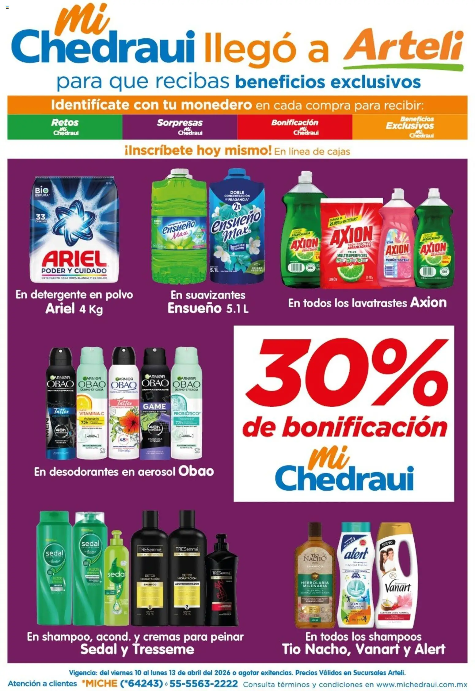Nuevas ofertas de Arteli válidas en toda la República Mexicana desde el 10.04.2026. ¡Encuentra las mejores ofertas en Arteli folleto MiChedraui! | Página: 1 | Productos: Monedero, Aceite, Espuma, Ropa
