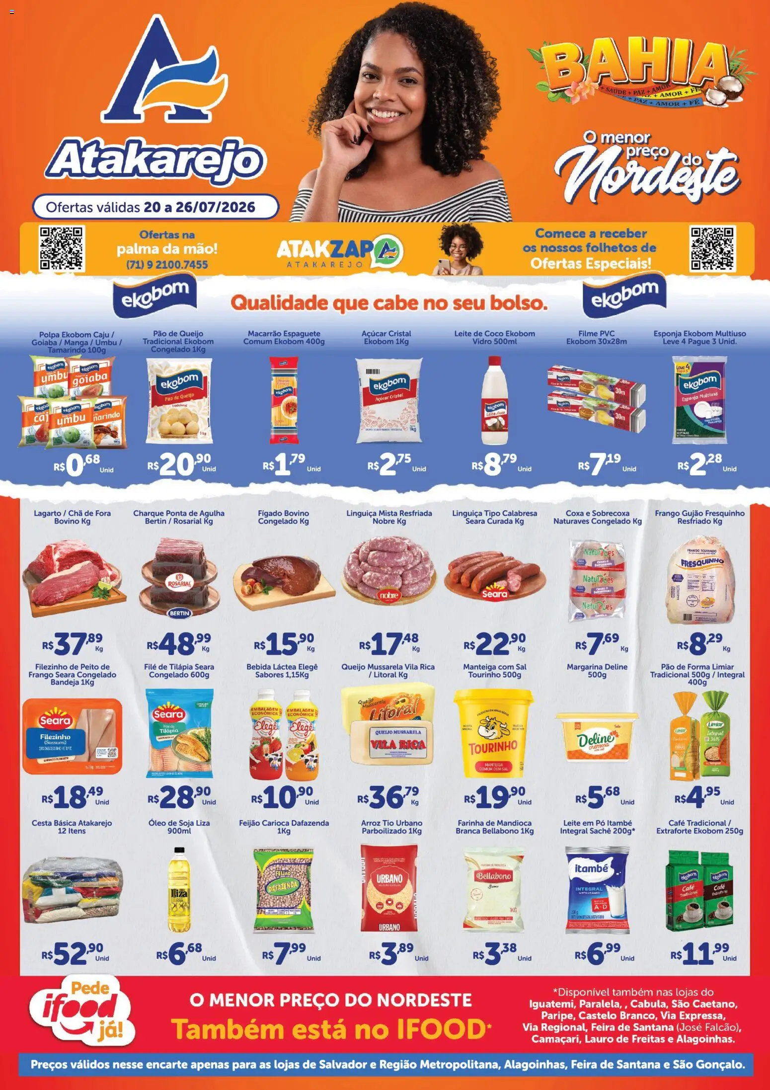 Atakarejo Folheto - válido de 20/07/2026 | Página: 1 | Produtos: Espaguete, Farinha de mandioca, Tilápia, Pão de queijo