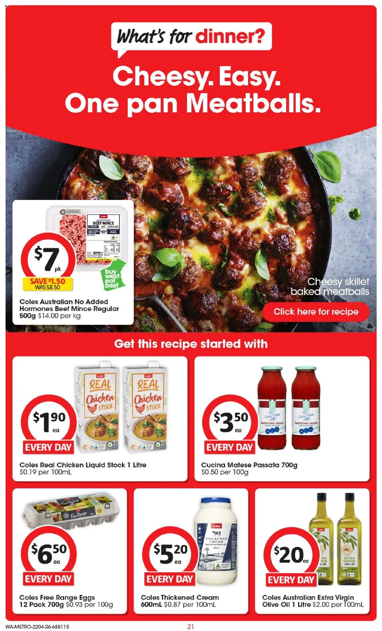 Coles catalogue - valid from 22.04.2026 | Page: 21 | Products: Chicken, Beef, Olive oil, Cream