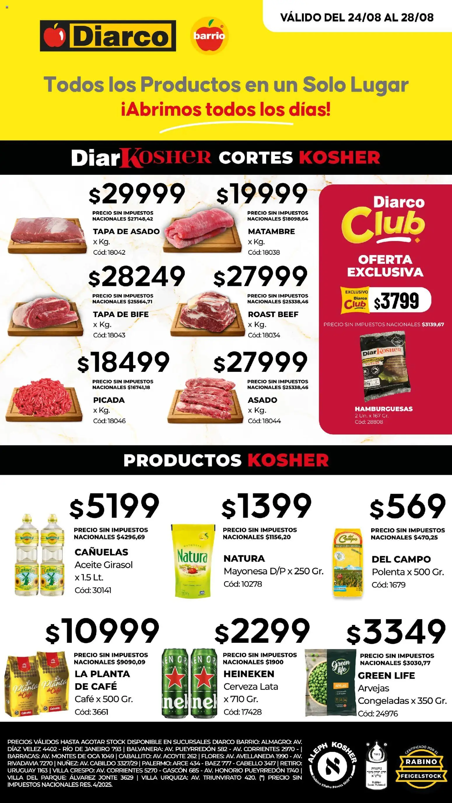Diarco - Ofertas Kosher │ válido desde el 24/08/2026 | Página: 1 | Productos: Bife, Arvejas, Polenta, Cerveza