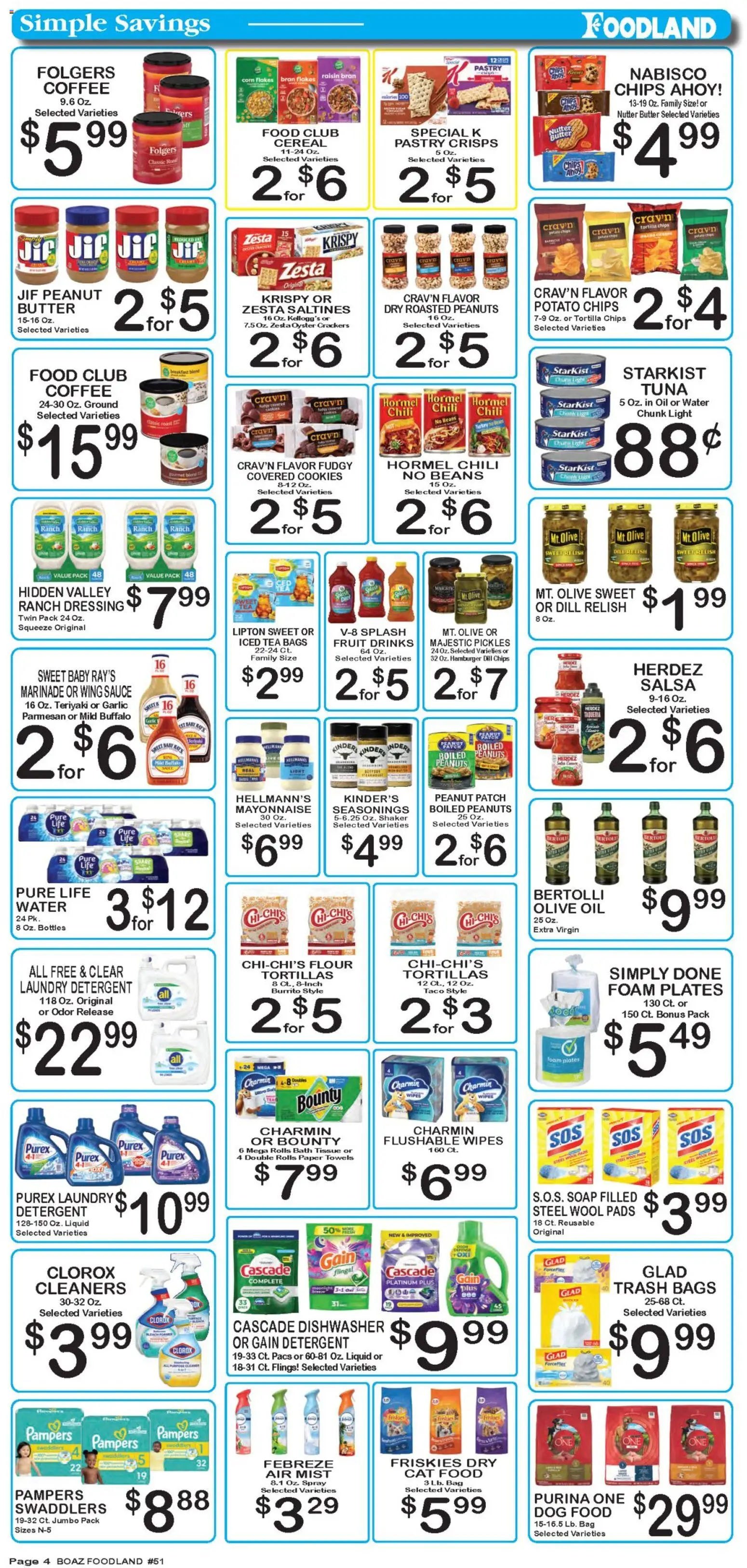 Foodland Weekly Ad - valid from 08/25/2026 | Page: 4 | Products: Cat Food, Potato chips, Laundry detergent, Olive oil