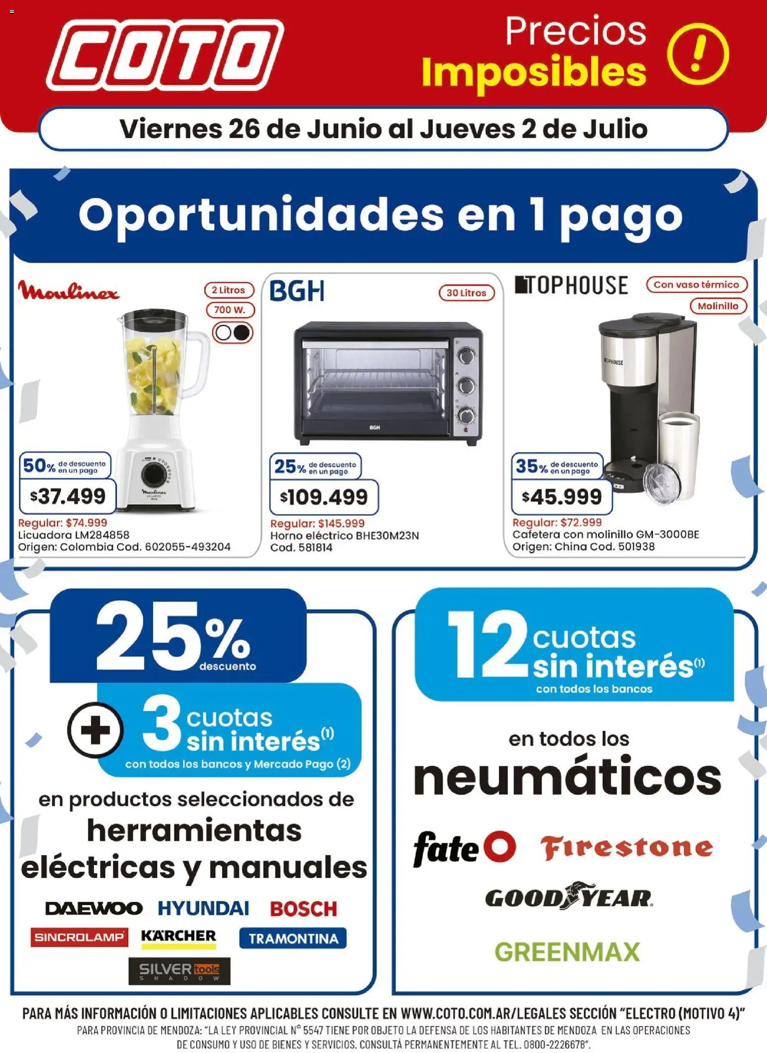 Coto - Electro Motivo │ válido desde el 26/06/2026 | Página: 1 | Productos: Neumáticos, Cafetera, Molinillo, Licuadora