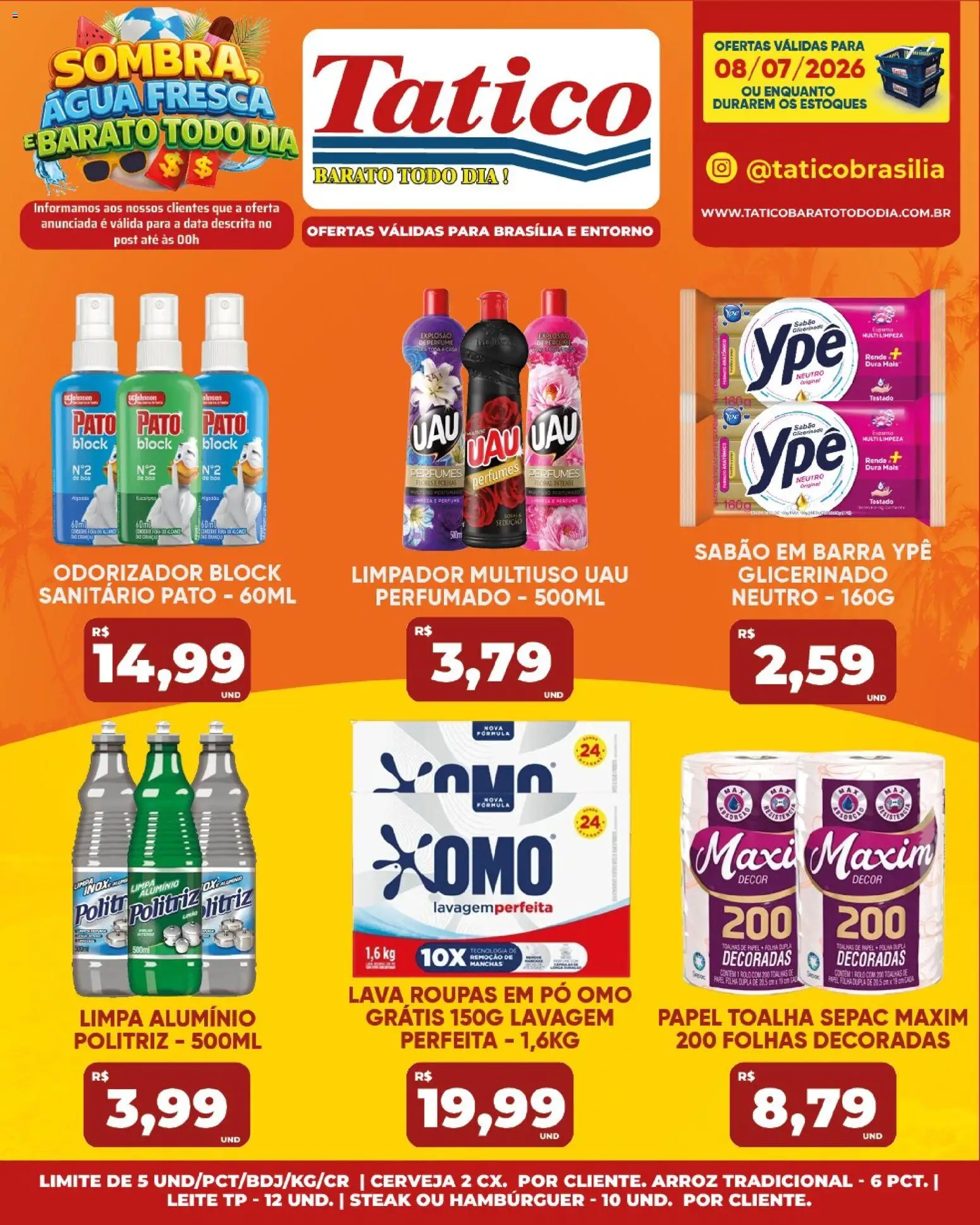 Tatico Folheto - válido de 08/07/2026 | Página: 19 | Produtos: Sabão em barra, Sabão, Leite, Roupas
