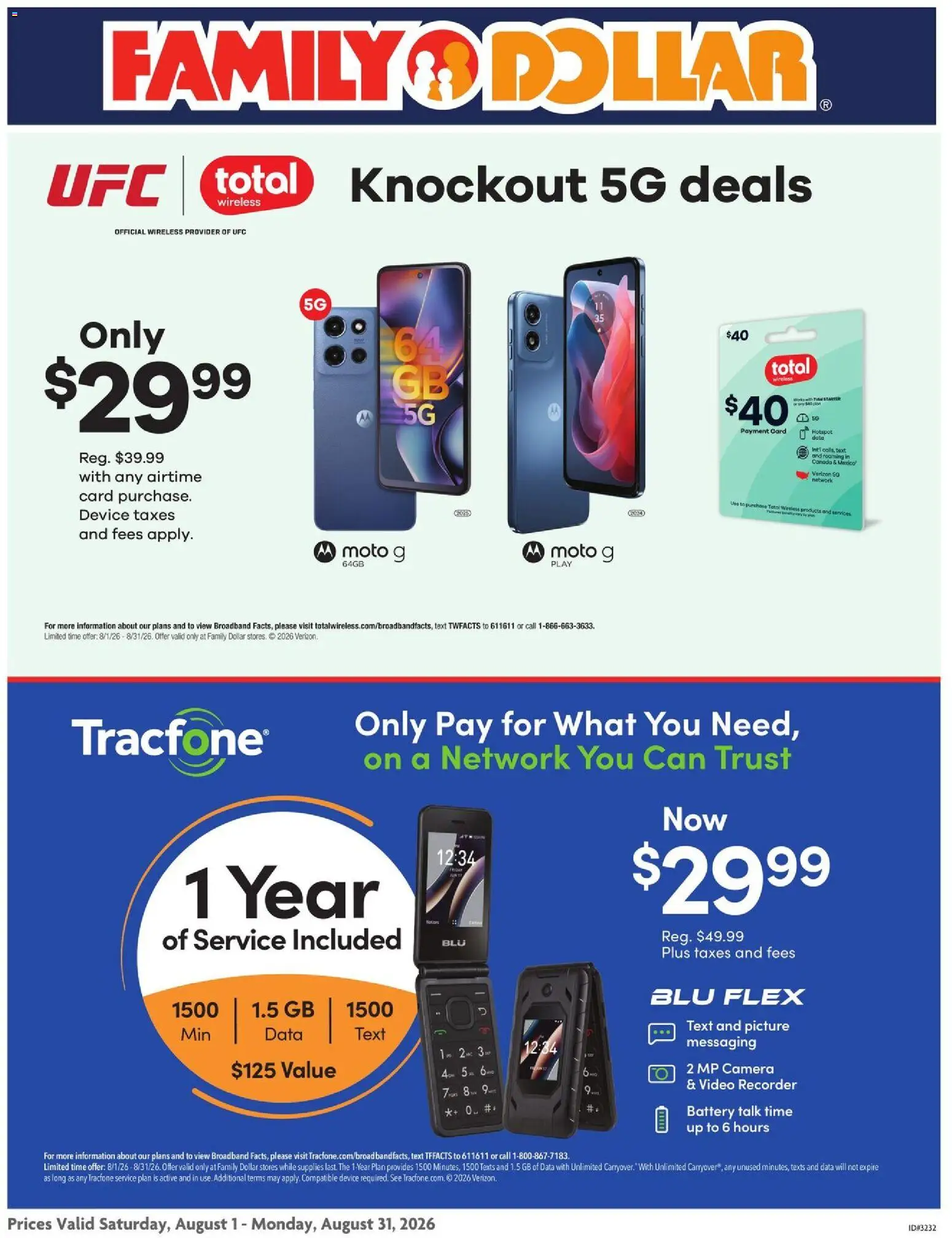 Family Dollar AT&T/Tracfone - valid from 08/01/2026 | Page: 1 | Products: Battery, Starter, Camera, Video Recorder