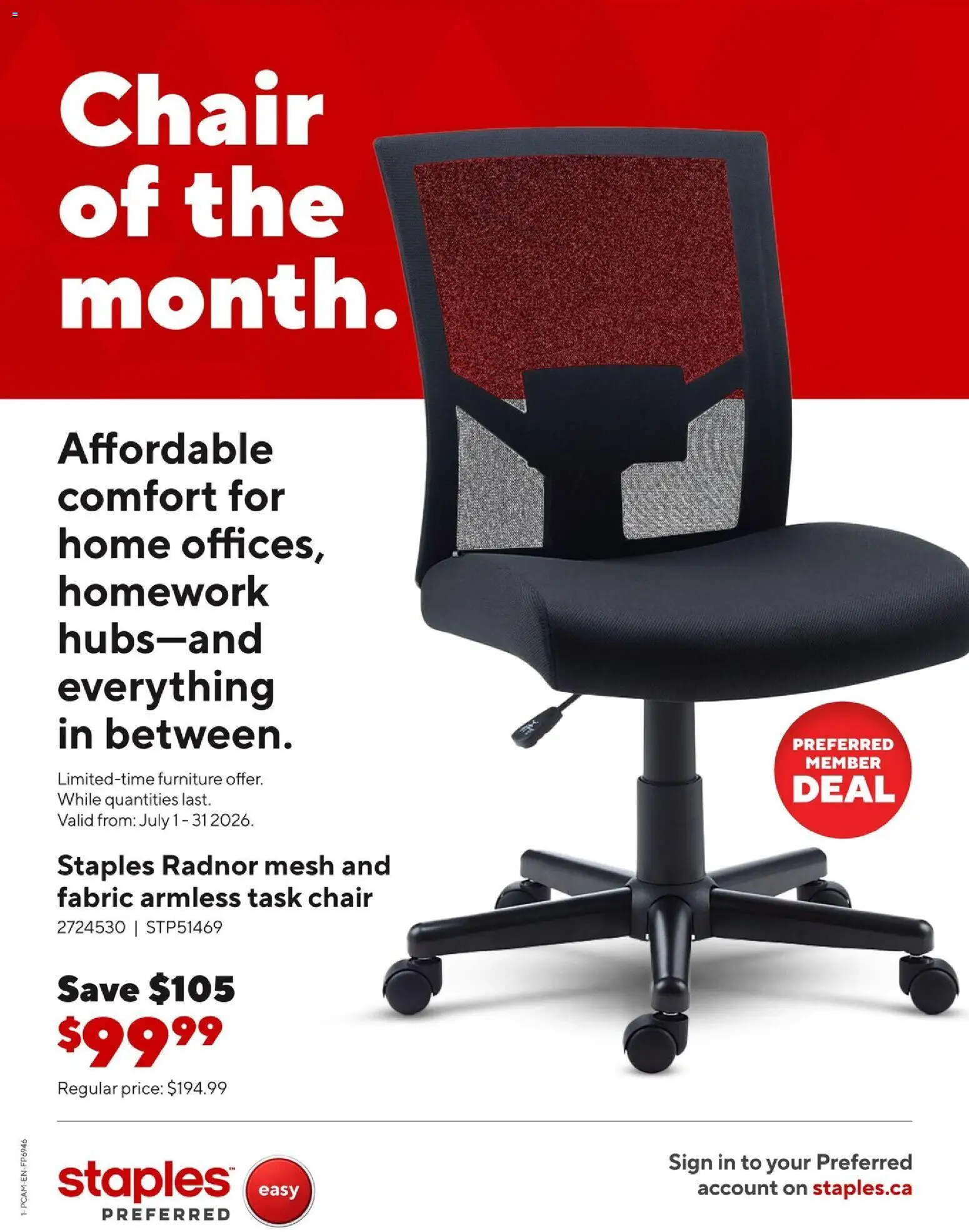 Staples flyer valid from Jul 3, 2026 | Page: 1 | Products: Chair