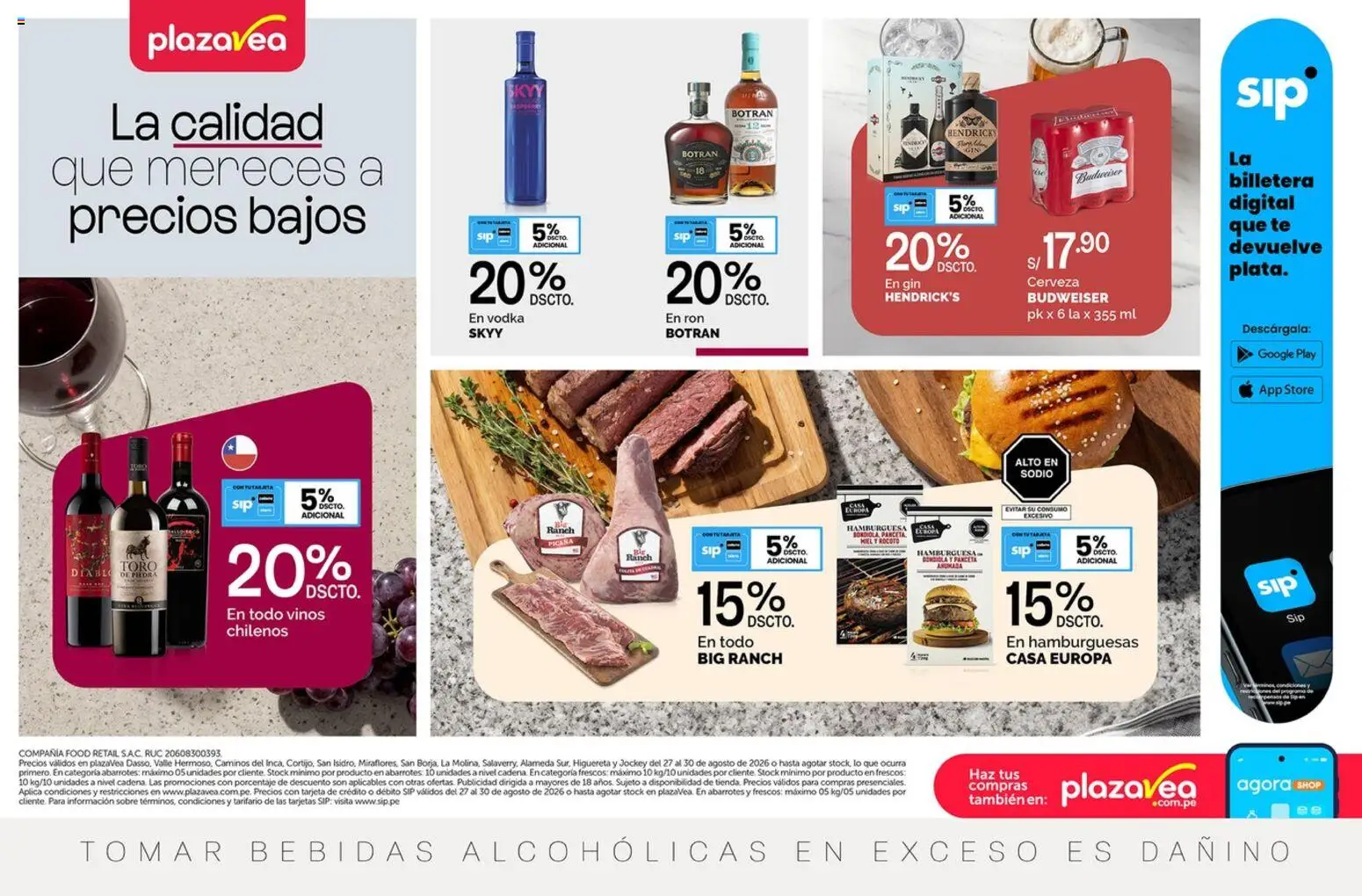 Catálogo Plaza Vea válido desde 27/08/2026 | Página: 1 | Productos: Hamburguesa, Cerveza, Té, Vodka