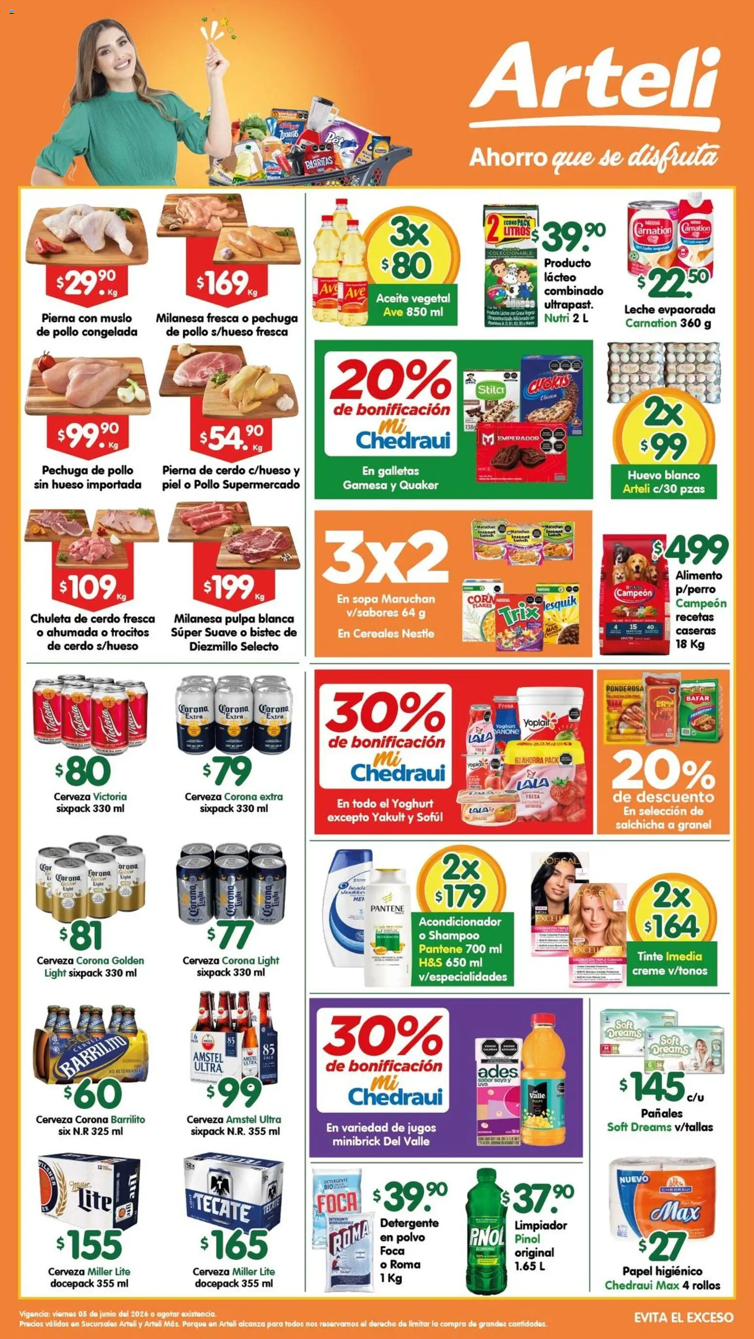 Nuevas ofertas de Arteli válidas en toda la República Mexicana desde el 05.06.2026. ¡Encuentra las mejores ofertas en Arteli folleto! | Página: 1 | Productos: Milanesa, Salchicha, Cerveza, Galletas