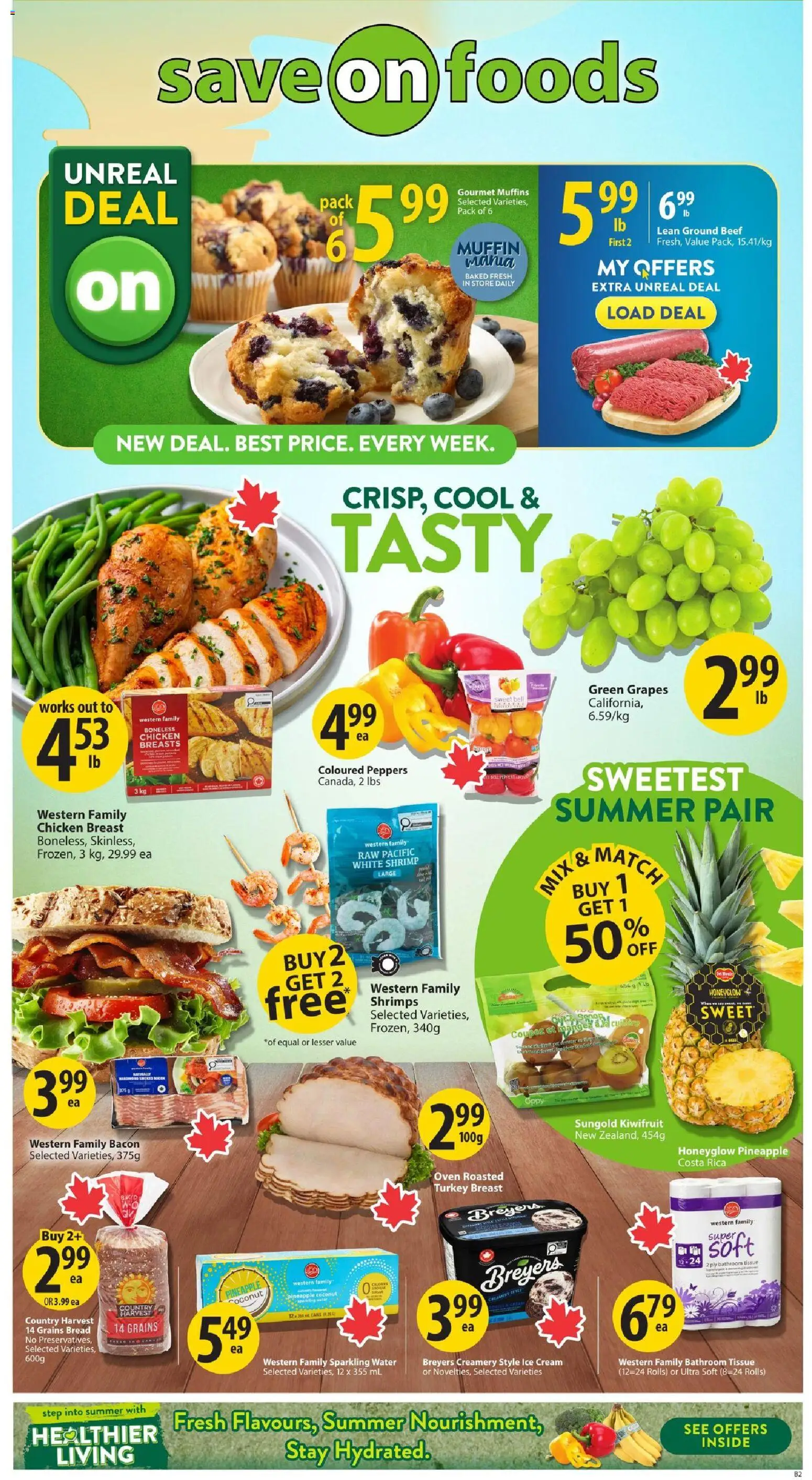 Save on foods flyer valid from Jul 2, 2026 | Page: 2 | Products: Ice cream, Chicken breasts, Bread, Chicken