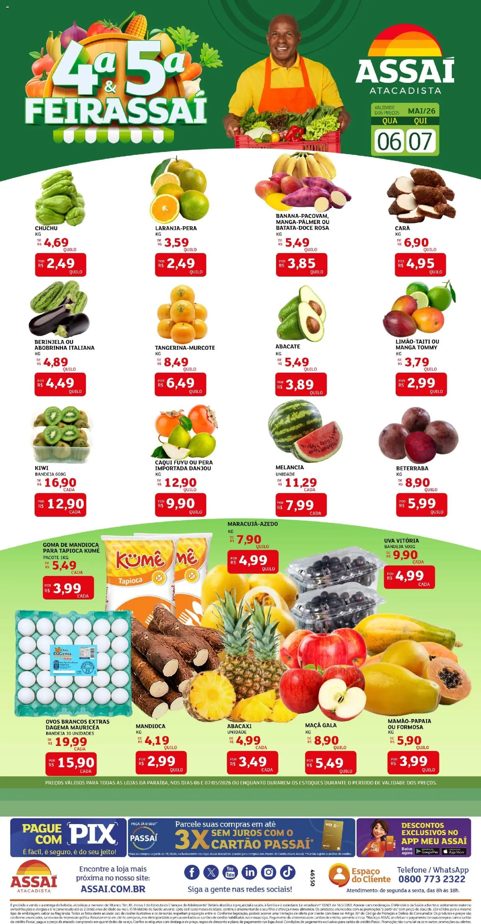 Assaí Atacadista Folheto - válido de 06.05.2026 | Página: 1 | Produtos: Abobrinha, Kiwi, Bandeja, Telefone