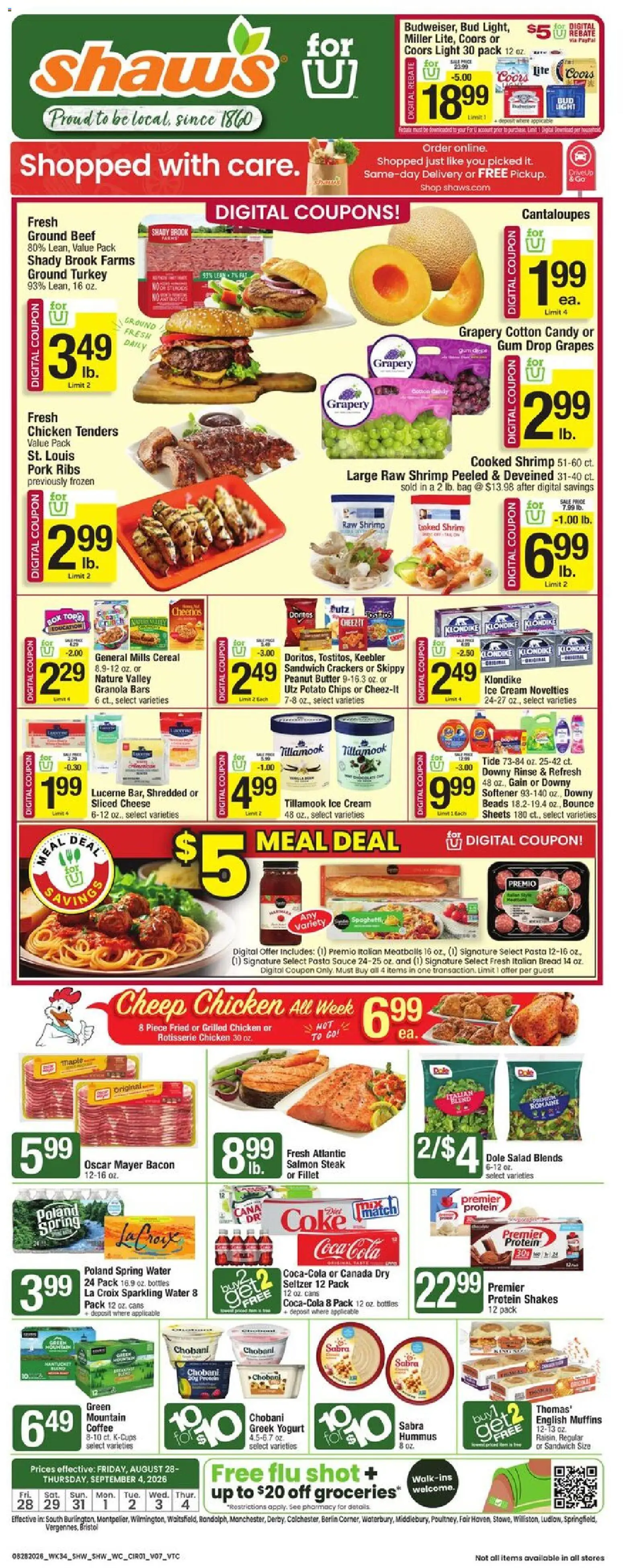 Shaw's Weekly Ad - VT - valid from 08/28/2026 | Page: 1 | Products: Pin, Butter, Bread, Ground beef