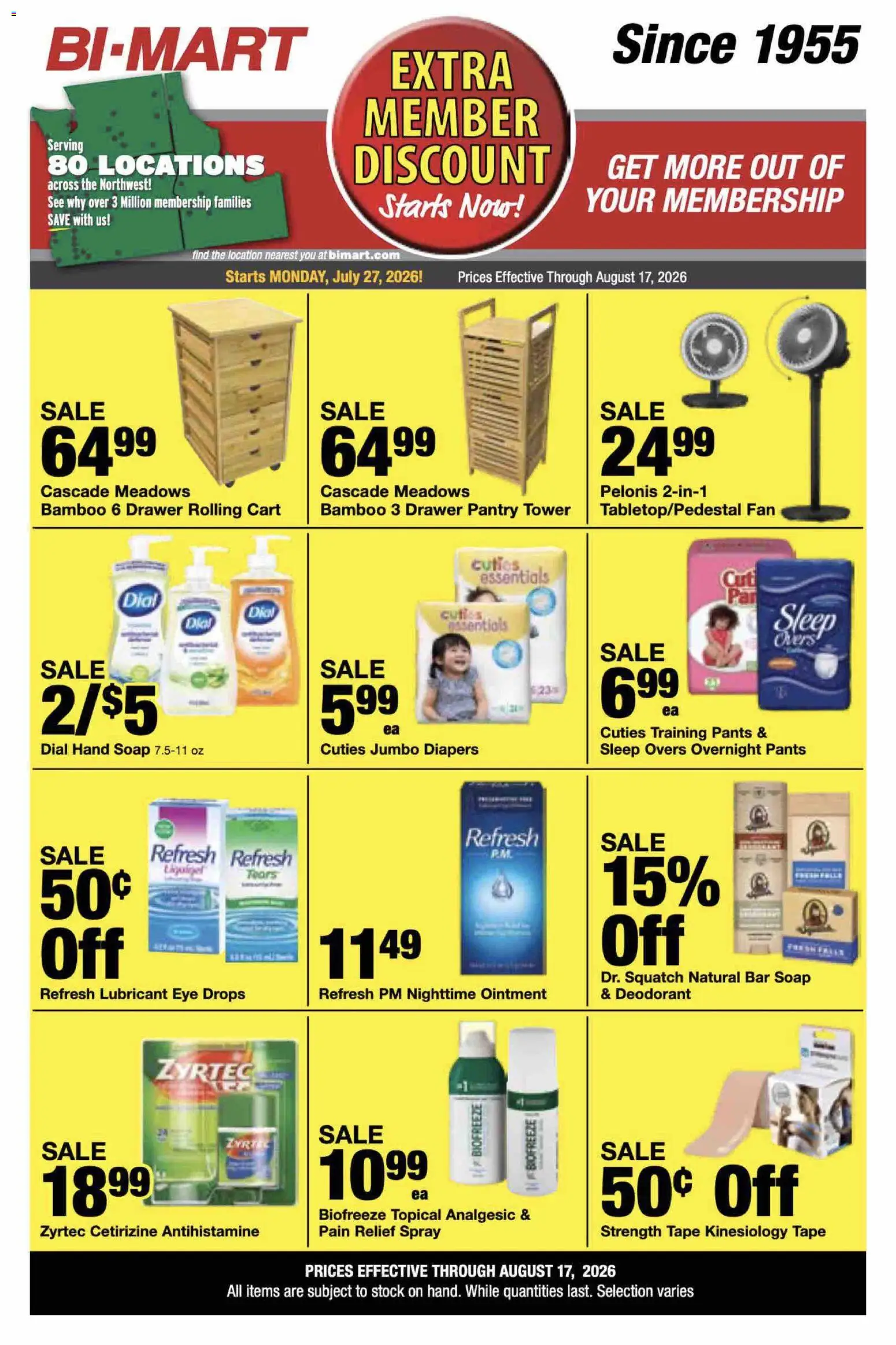 Bi-Mart Extra Member Discount - valid from 07/27/2026 | Page: 15 | Products: Soap, Bar Soap, Pants, Fan
