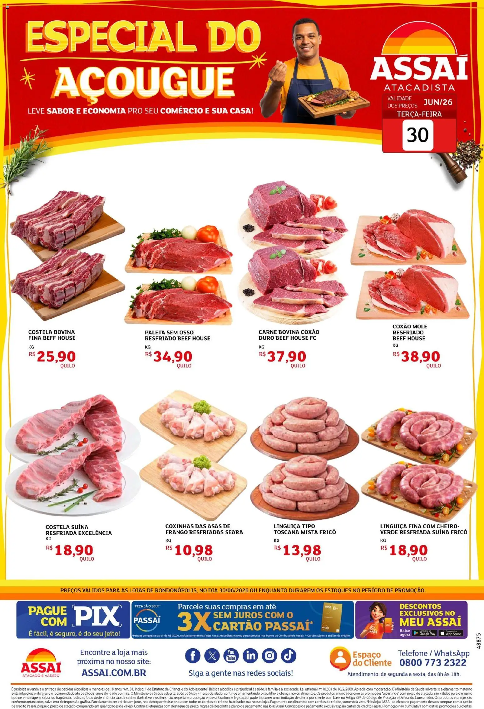 Assaí Atacadista Folheto - válido de 30/06/2026 | Página: 1 | Produtos: Linguiça, Pneus, Telefone, Frango